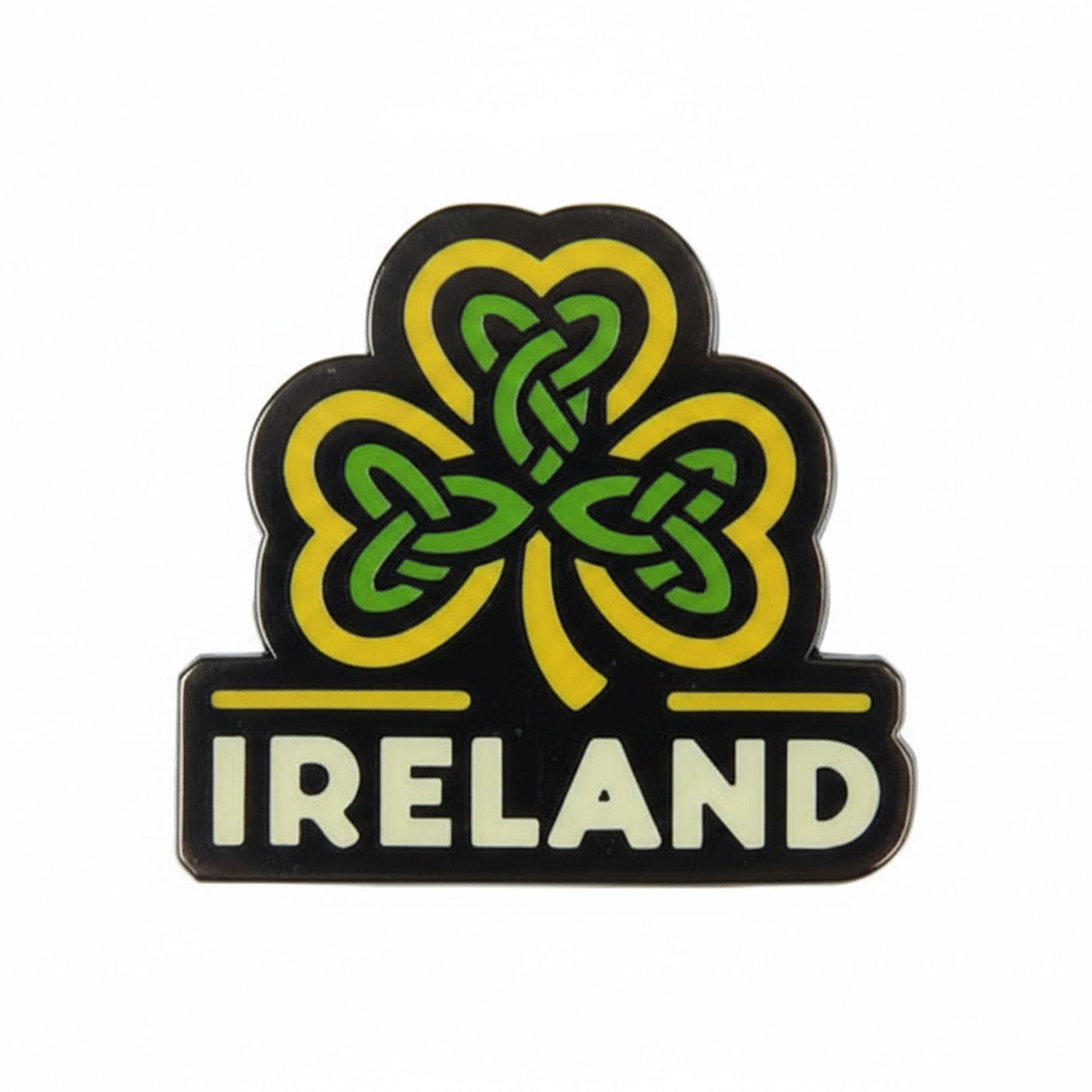 Ireland enamel pin featuring a green and yellow shamrock design with the word "IRELAND" in white text below.
