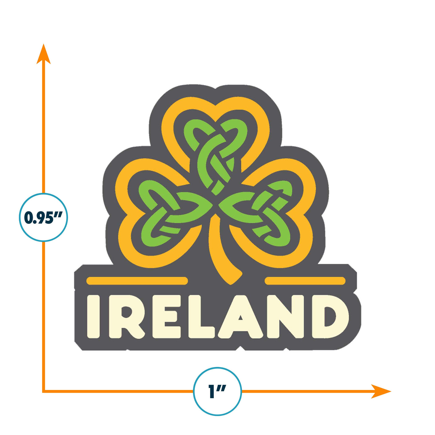 Ireland enamel pin featuring a green shamrock design with orange accents and the word "Ireland" below.