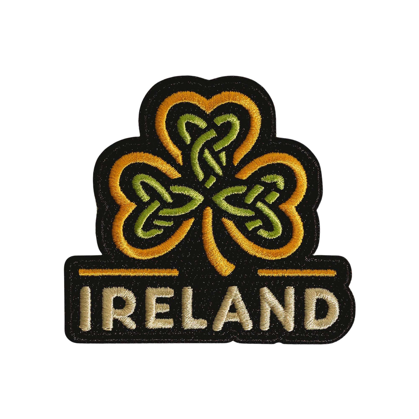 Ireland patch featuring a green shamrock design with yellow accents and the word "IRELAND" in gold below.