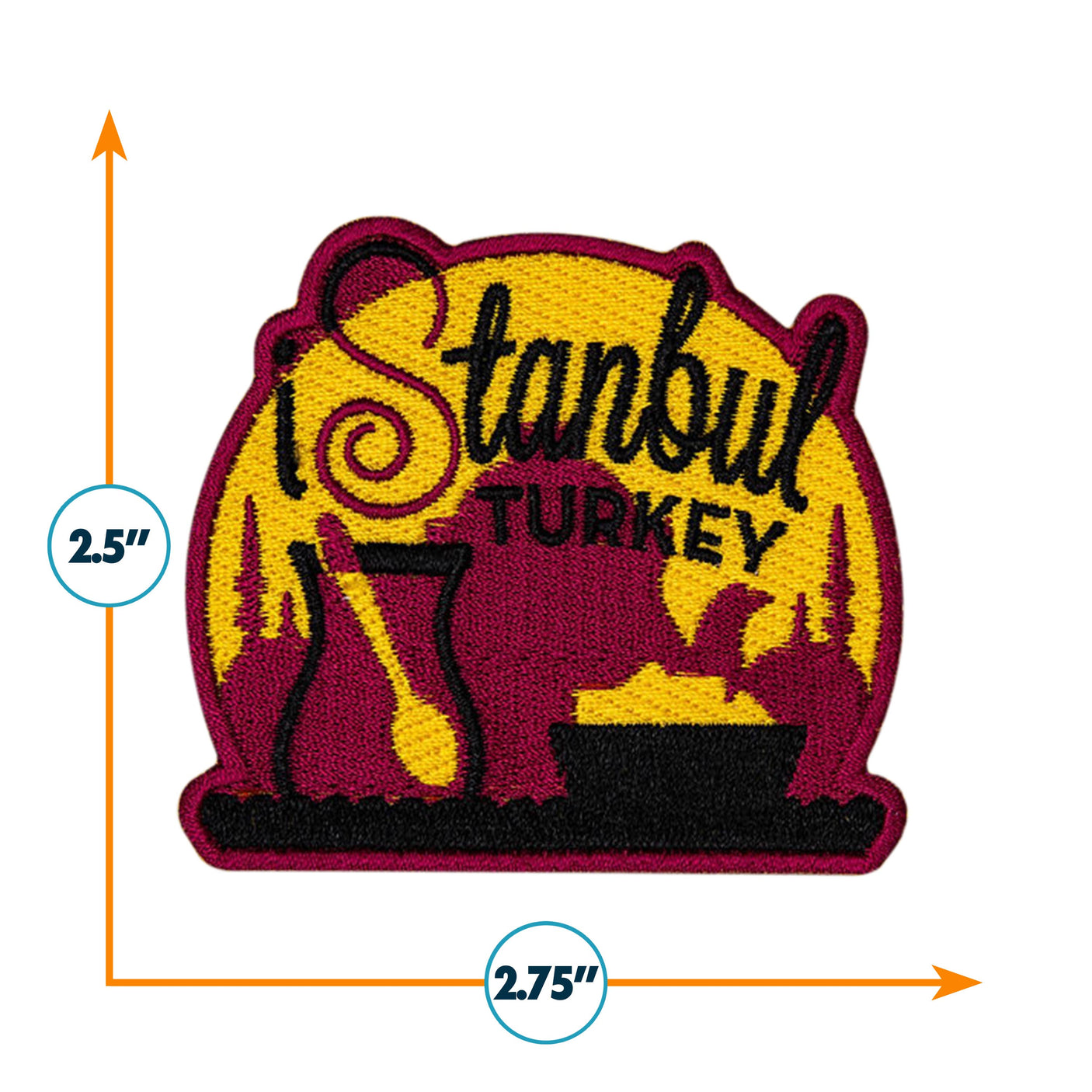 Istanbul Turkey patch featuring a colorful design with a pitcher and bowl, measuring 2.5 inches by 2.75 inches.