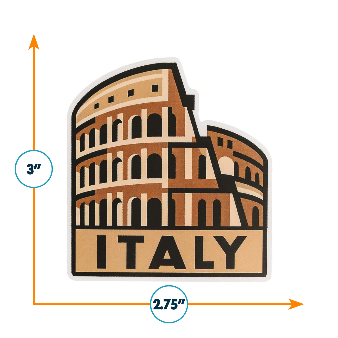 Italy sticker featuring the Colosseum design in brown and beige with dimensions of 3 inches by 2.75 inches.