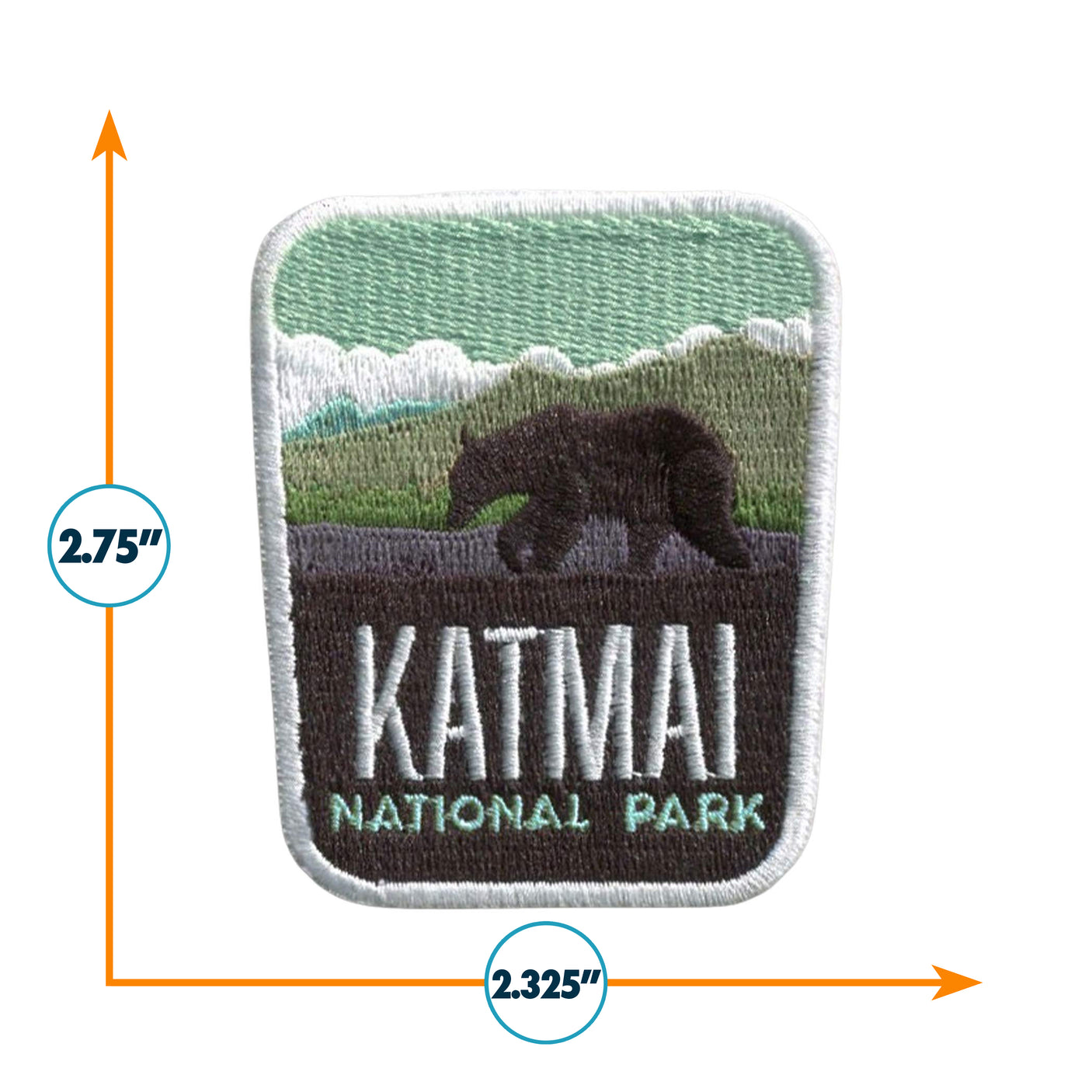 Katmai National Park patch featuring a bear silhouette, green landscape, and text in white and brown. Measures 2.75 x 2.32...
