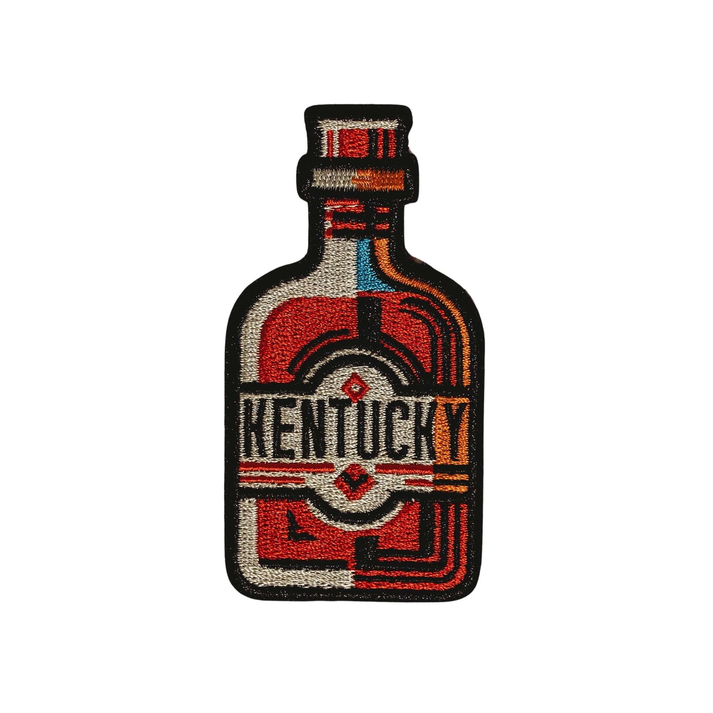 Kentucky patch featuring a bottle design with red, white, and black colors and bold lettering.