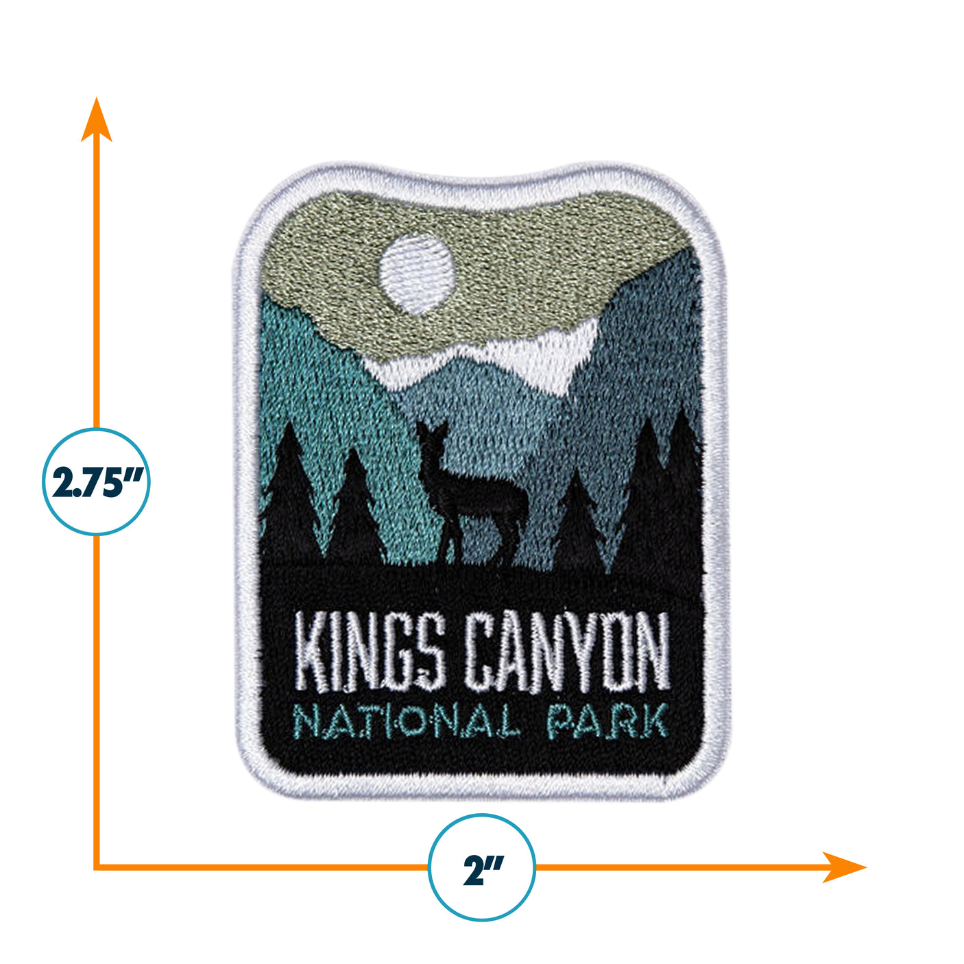 Kings Canyon National Park patch featuring mountains, a deer silhouette, and a sun, measuring 2.75 inches by 2 inches.