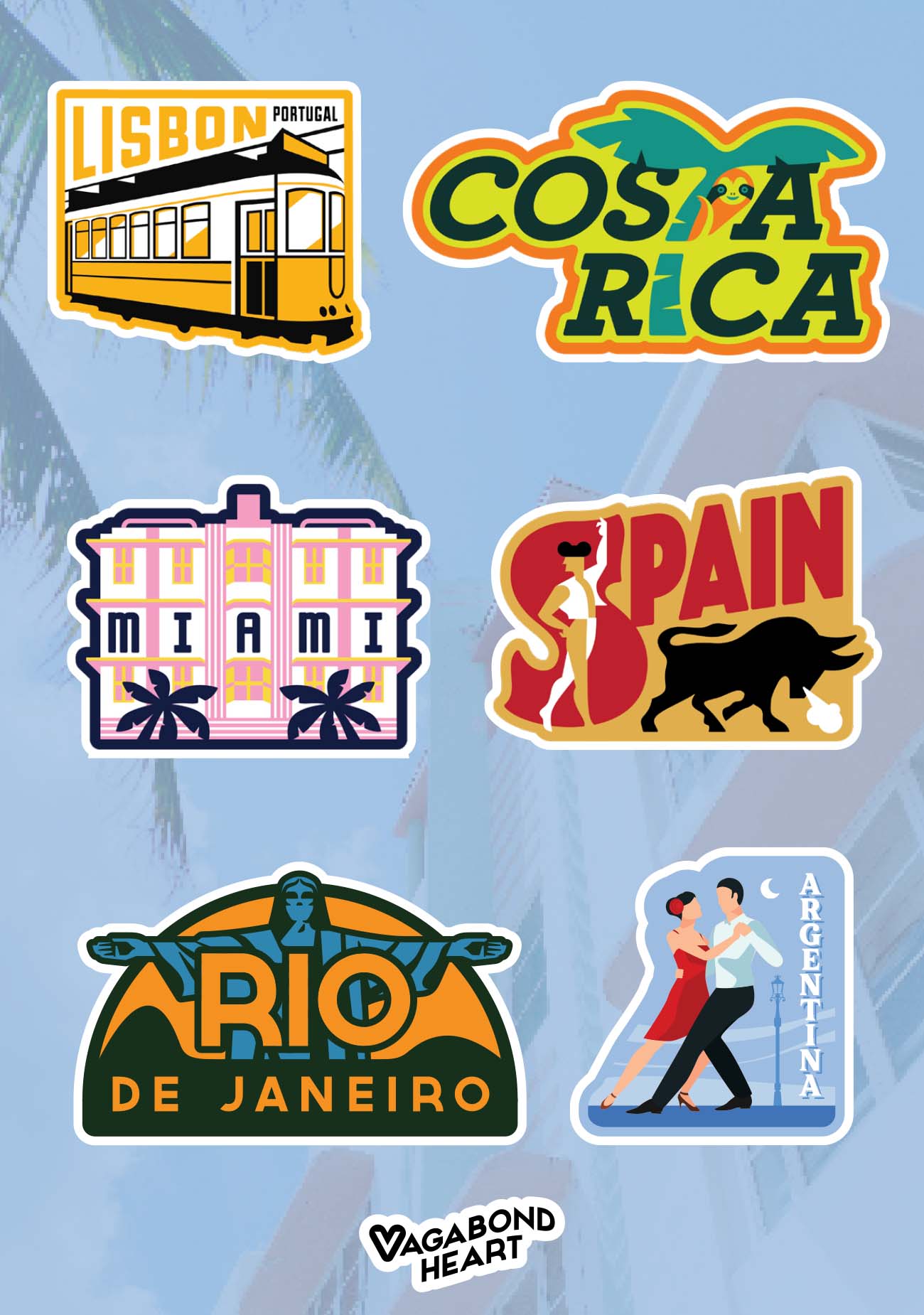Mini travel stickers featuring designs from Lisbon, Costa Rica, Miami, Spain, and Rio de Janeiro.