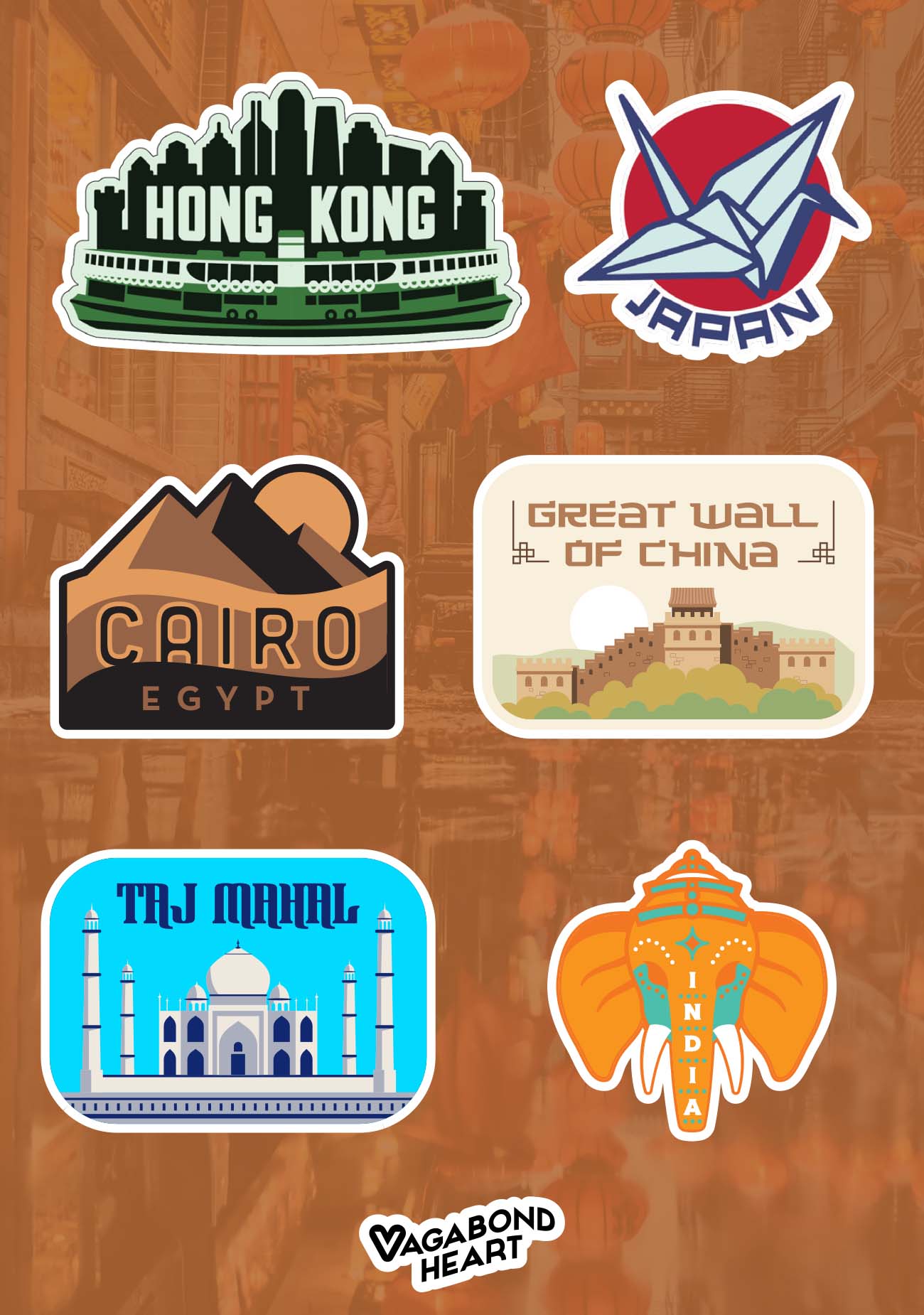 Mini travel stickers featuring landmarks from Hong Kong, Japan, Cairo, the Great Wall of China, the Taj Mahal, and India.
