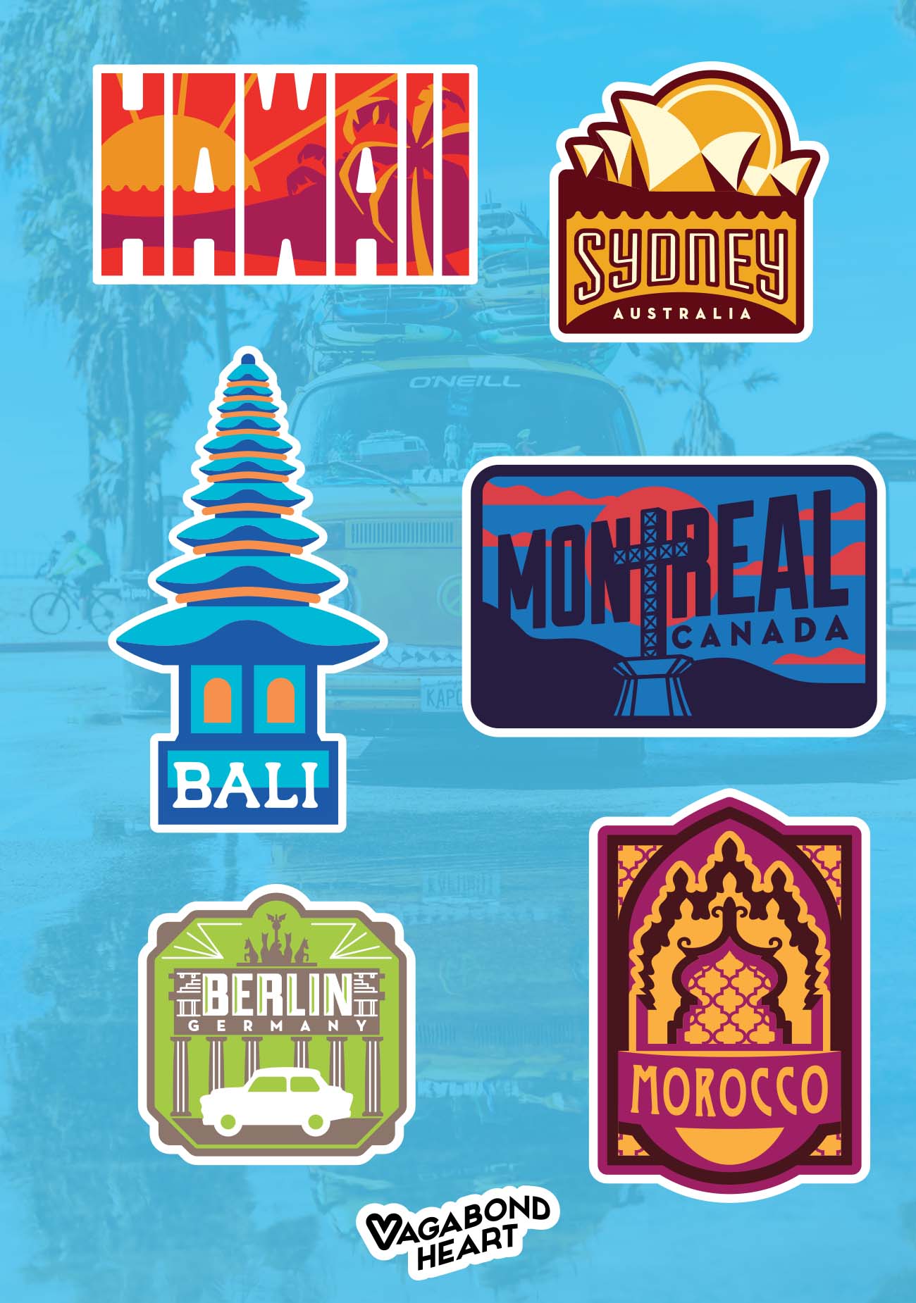 Mini travel stickers featuring designs from Hawaii, Sydney, Montreal, Bali, Berlin, and Morocco against a colorful backgro...