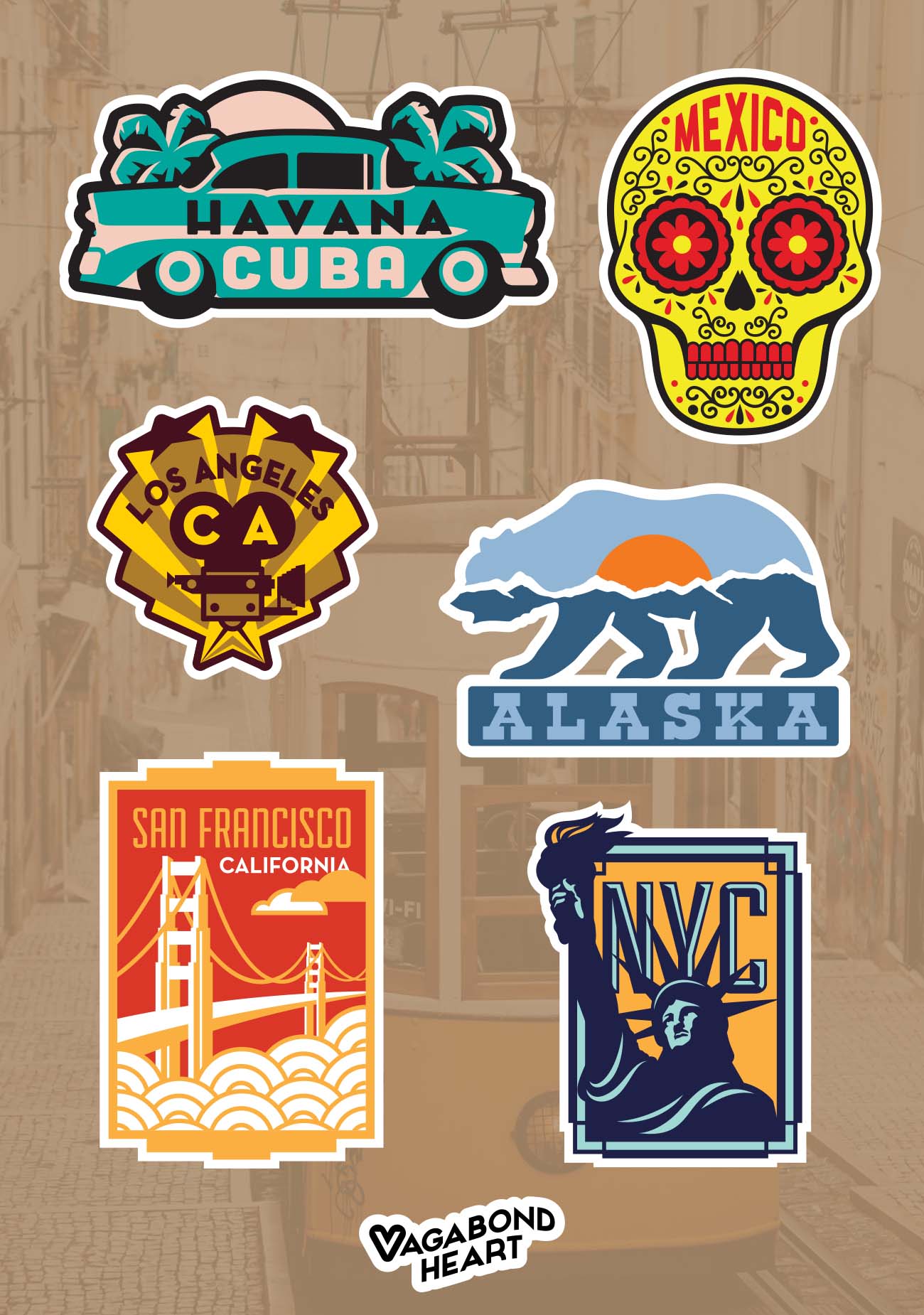Colorful mini travel stickers featuring locations like Havana, Los Angeles, Alaska, and New York City.