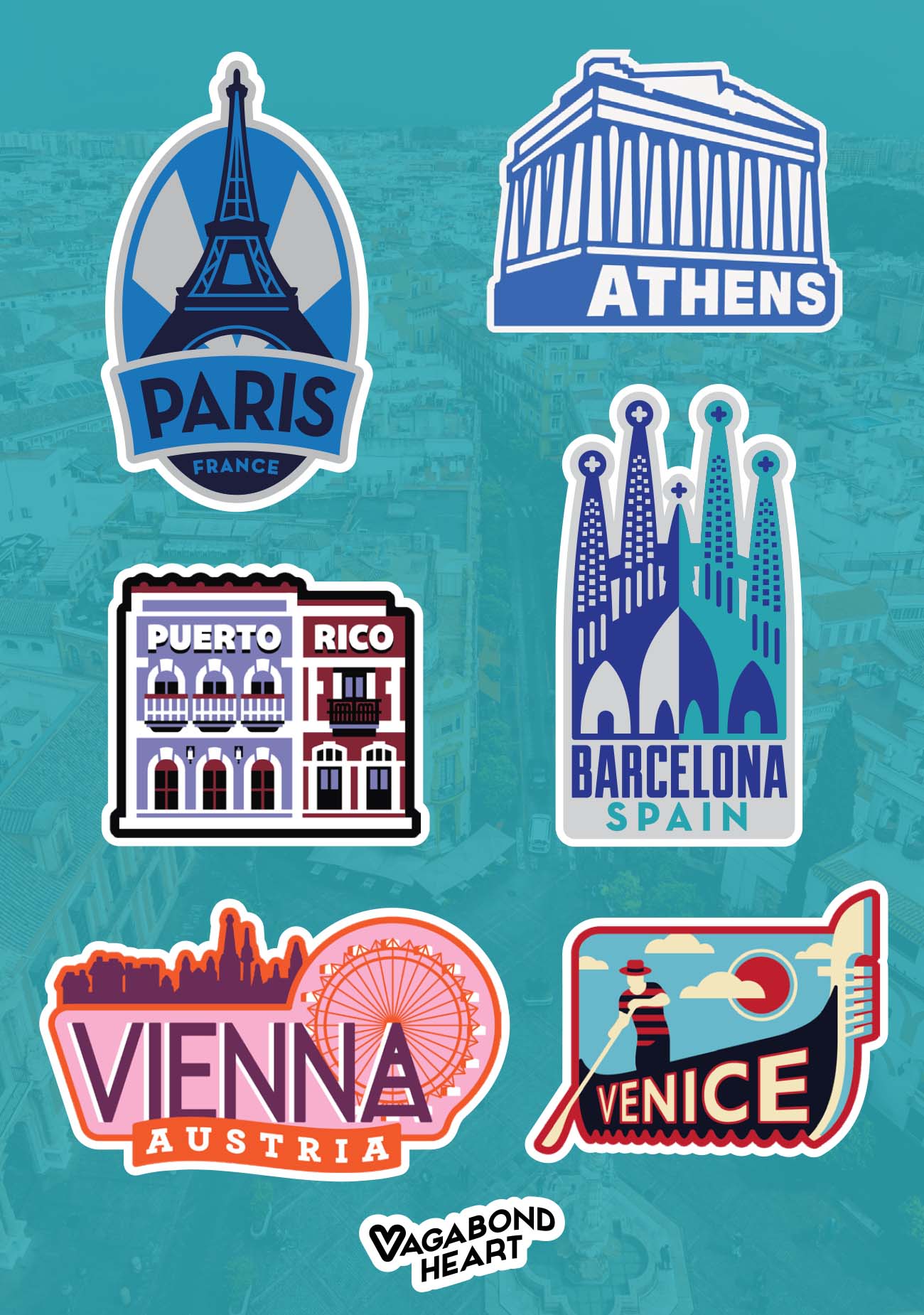 Mini travel stickers featuring landmarks from Paris, Athens, Puerto Rico, Barcelona, Vienna, and Venice.
