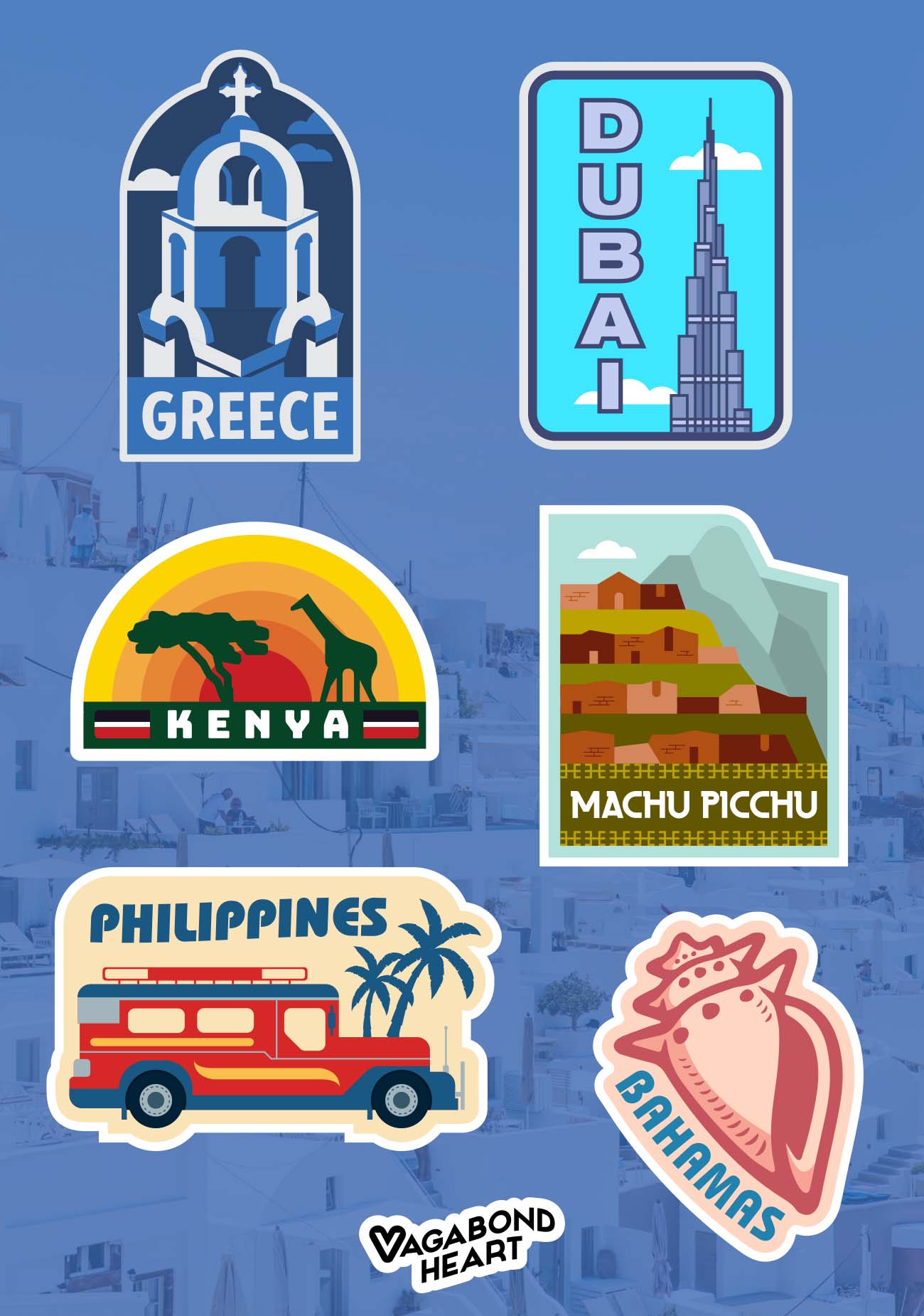 Mini travel stickers featuring landmarks from Greece, Dubai, Kenya, Machu Picchu, the Philippines, and the Bahamas.