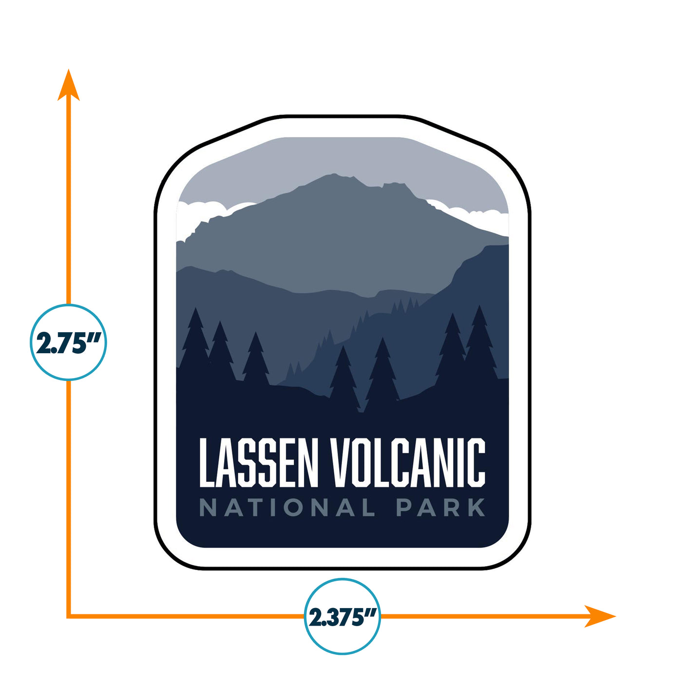 Lassen Volcanic National Park sticker featuring mountains, trees, and text in dark blue and gray colors.