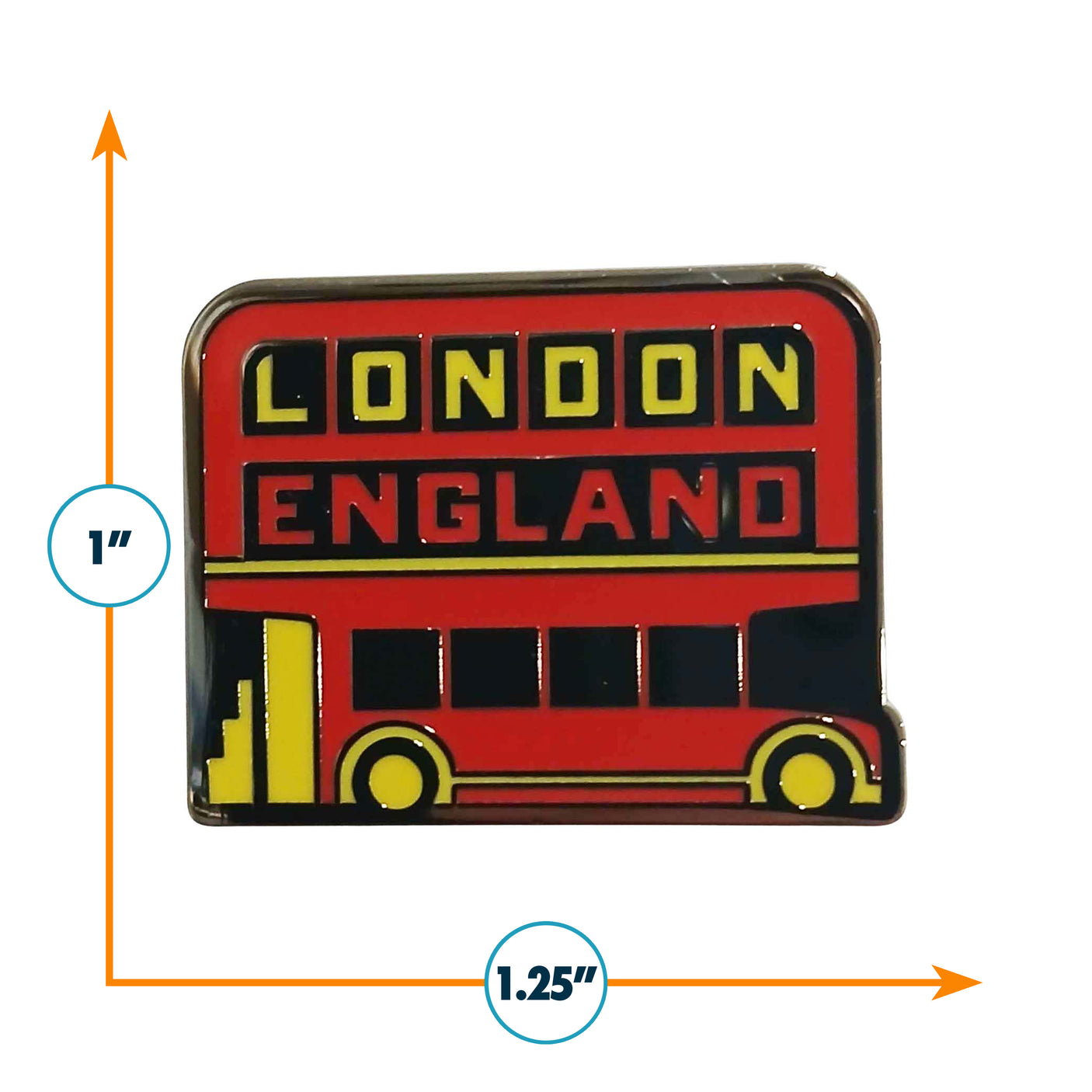 London England enamel pin featuring a red double-decker bus design with black and yellow accents, measuring 1.25 inches wide.