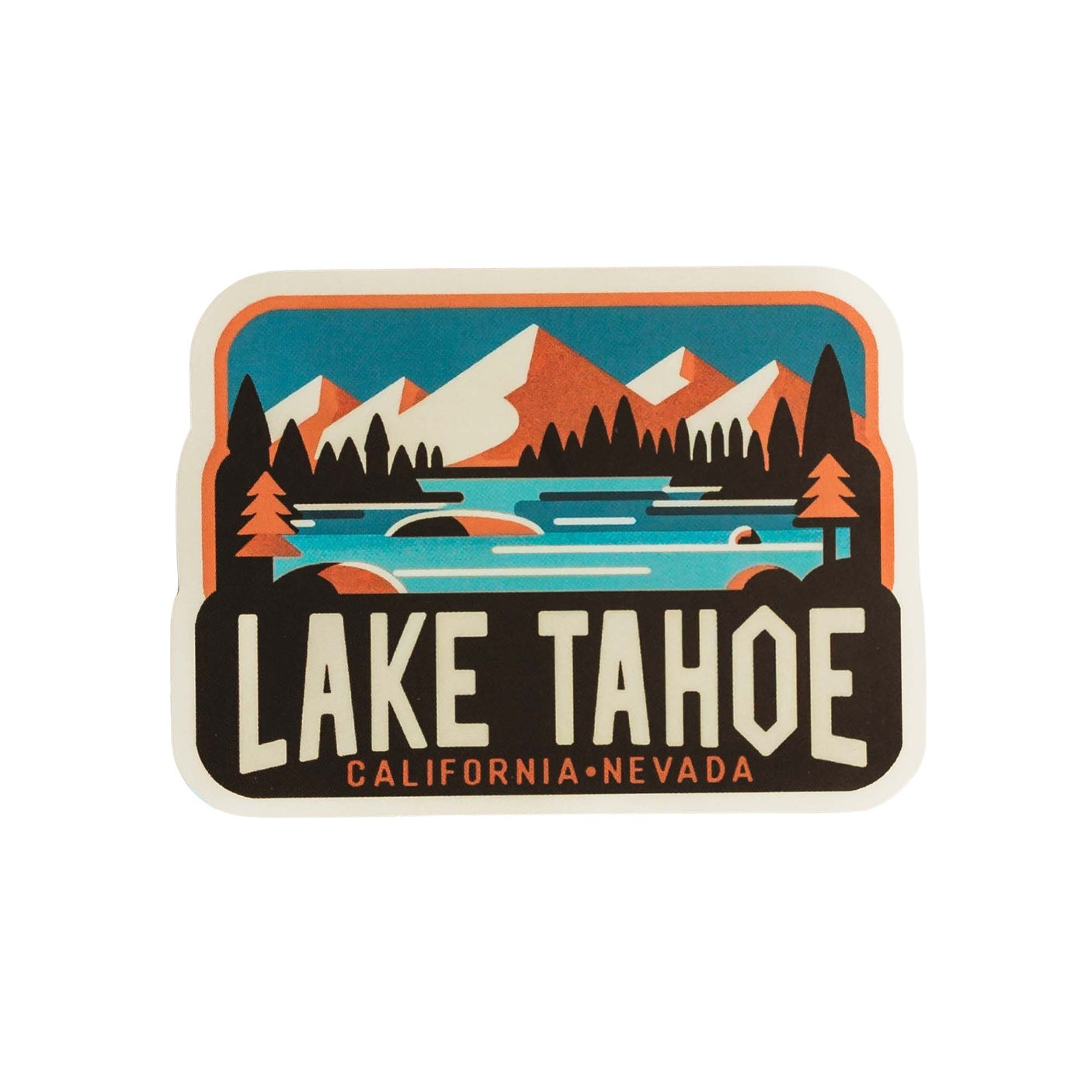 Lake Tahoe sticker featuring mountains, trees, and a lake with blue and orange accents.