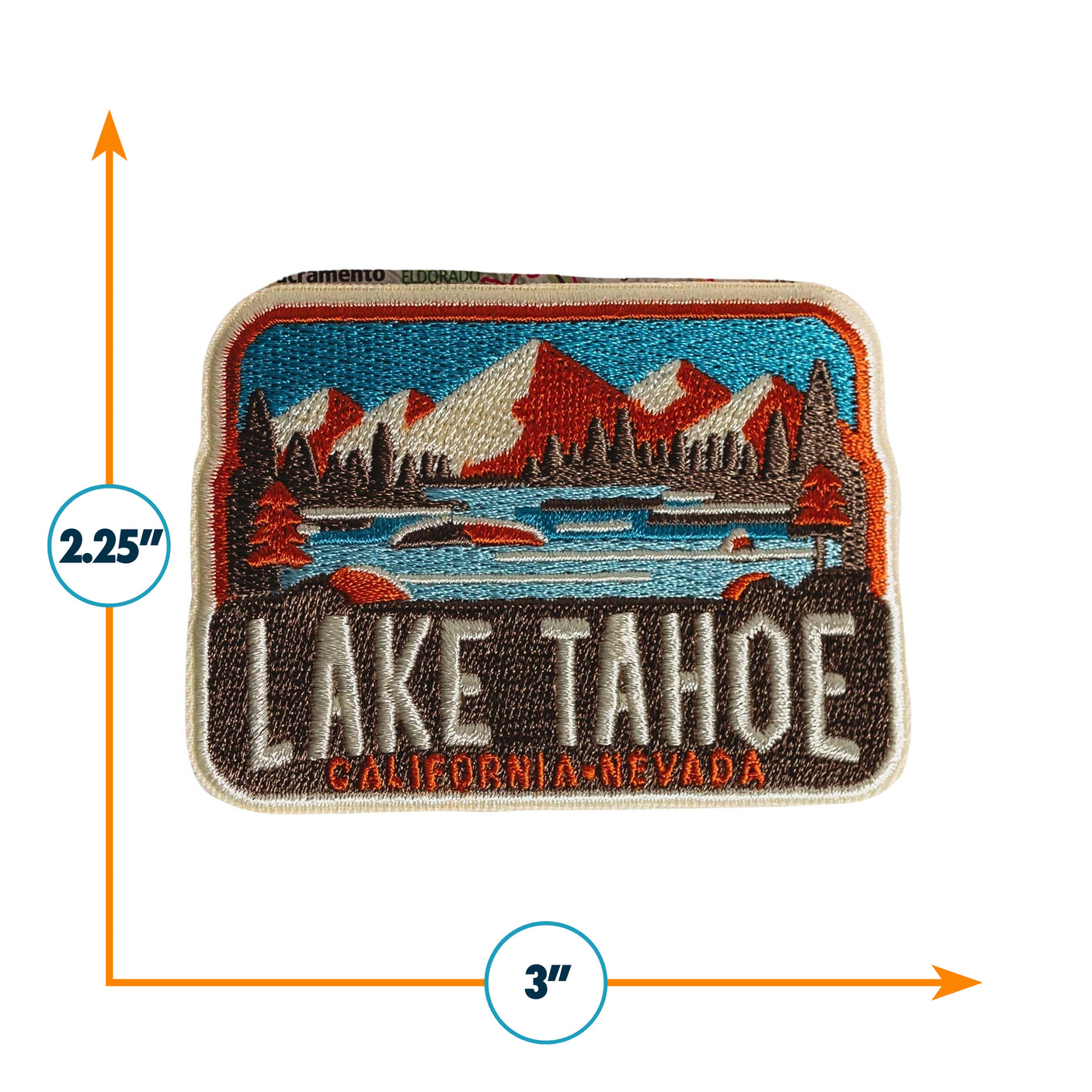 Lake Tahoe patch featuring mountains, a lake, and trees with "Lake Tahoe California-Nevada" text below.