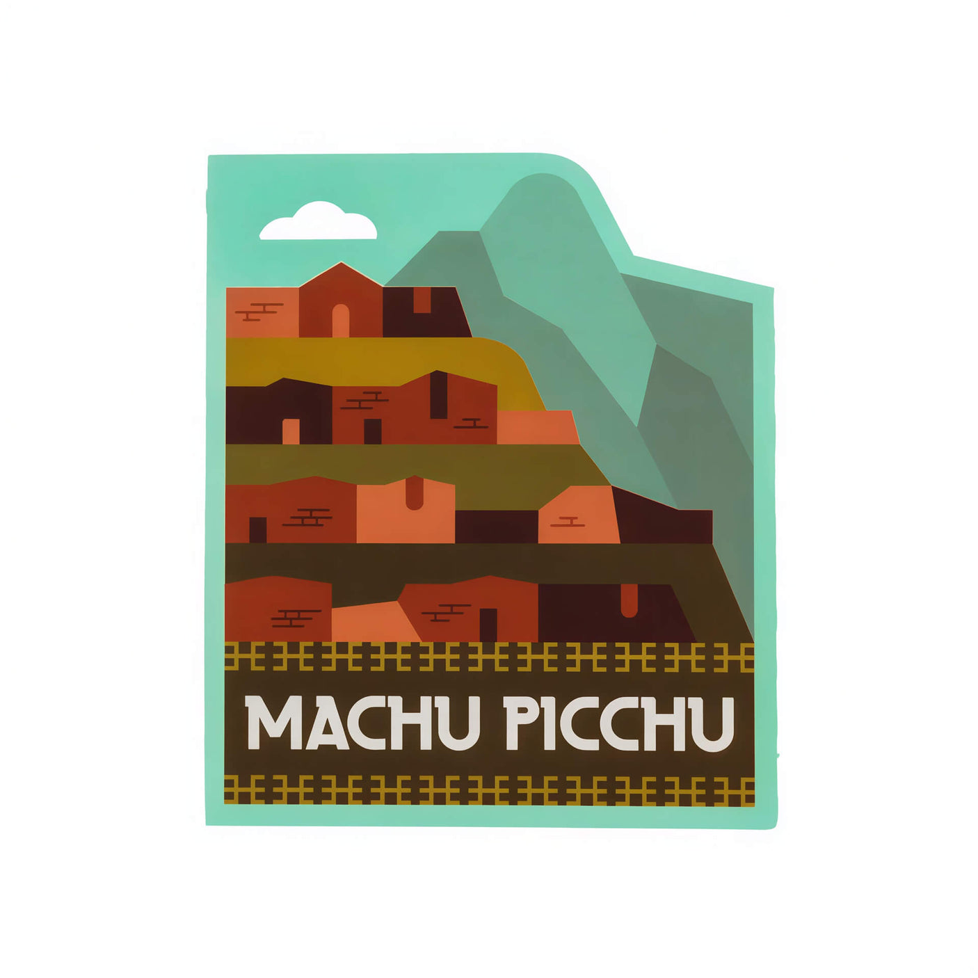 Machu Picchu sticker featuring colorful illustrations of the ancient site with a turquoise background.