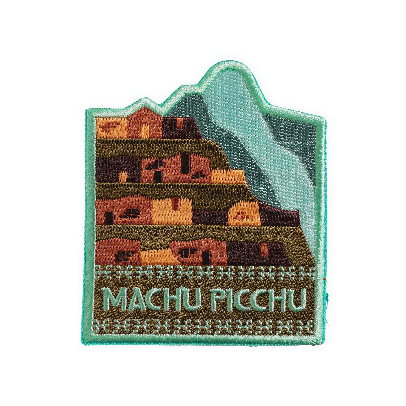 Machu Picchu patch featuring an embroidered depiction of the iconic ruins with green and brown colors.