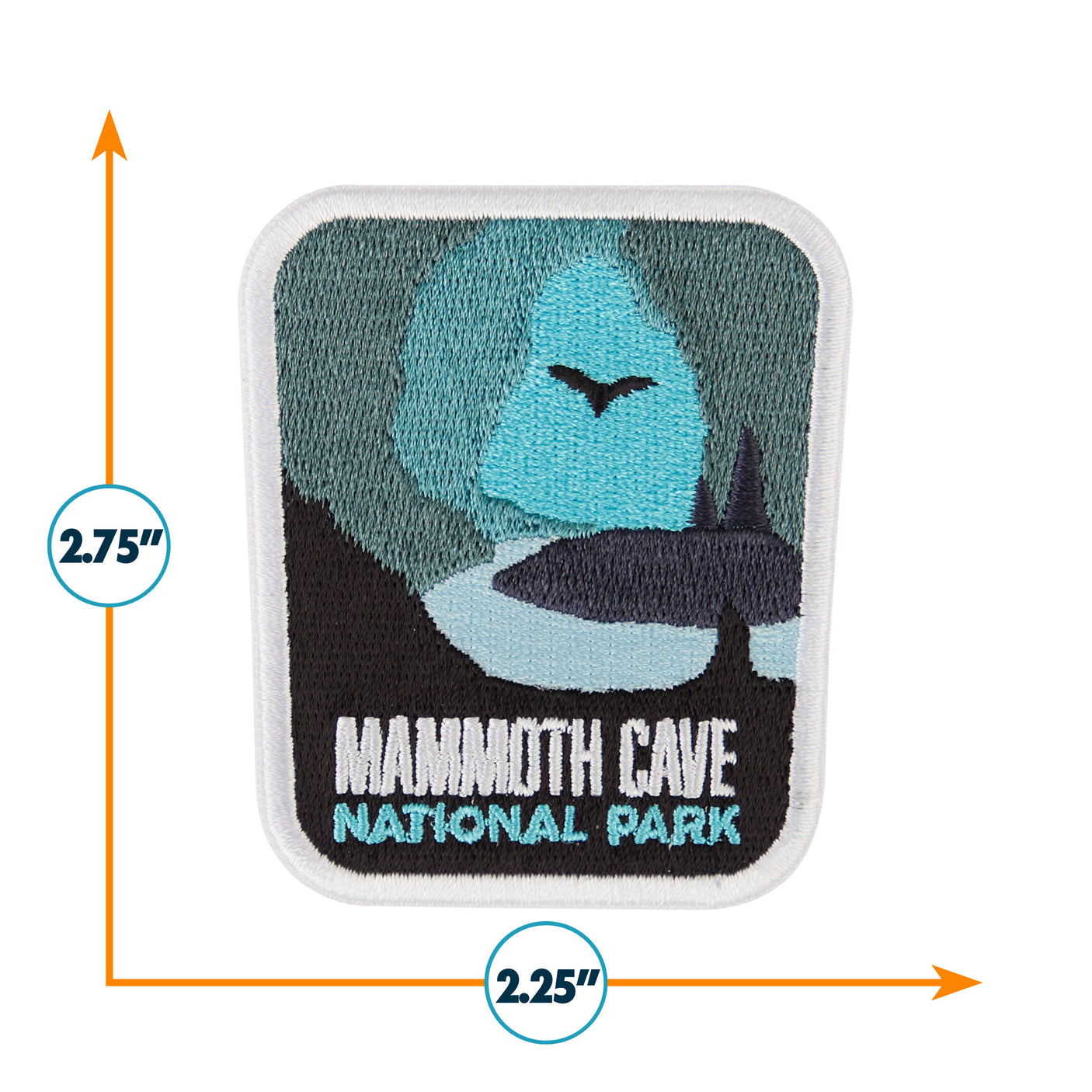Mammoth Cave National Park patch featuring a cave silhouette, blue and black colors, measuring 2.75 by 2.25 inches.