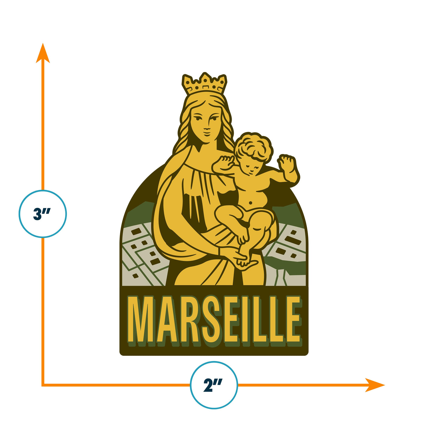 Marseille sticker featuring a crowned woman holding a child, with a green and gold color scheme.