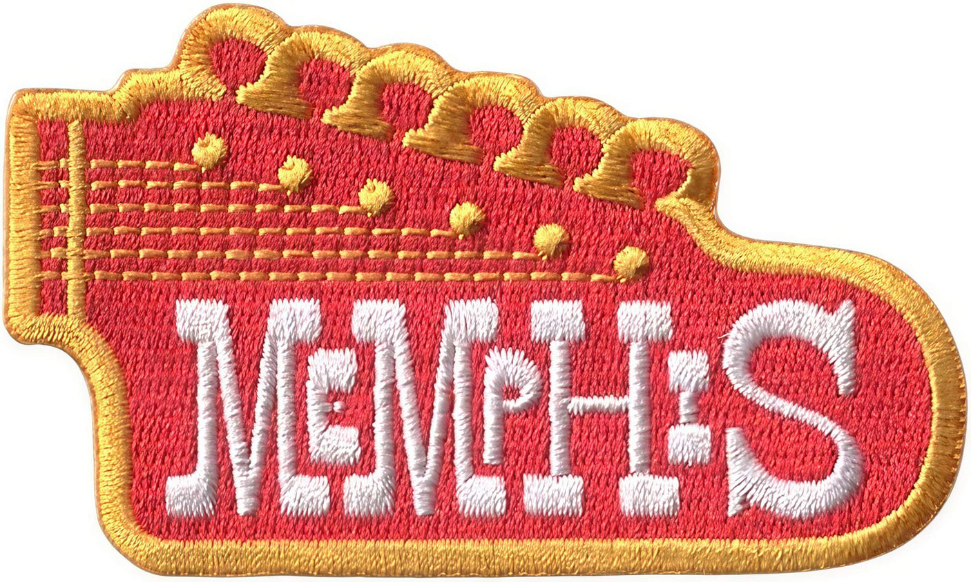 Red and gold Memphis patch featuring musical notes and stylized lettering.