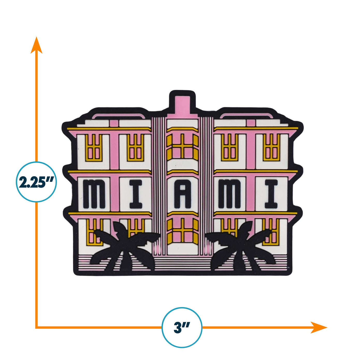 Miami Florida PVC fridge magnet featuring a colorful building design with palm trees, measuring 2.25 inches by 3 inches.