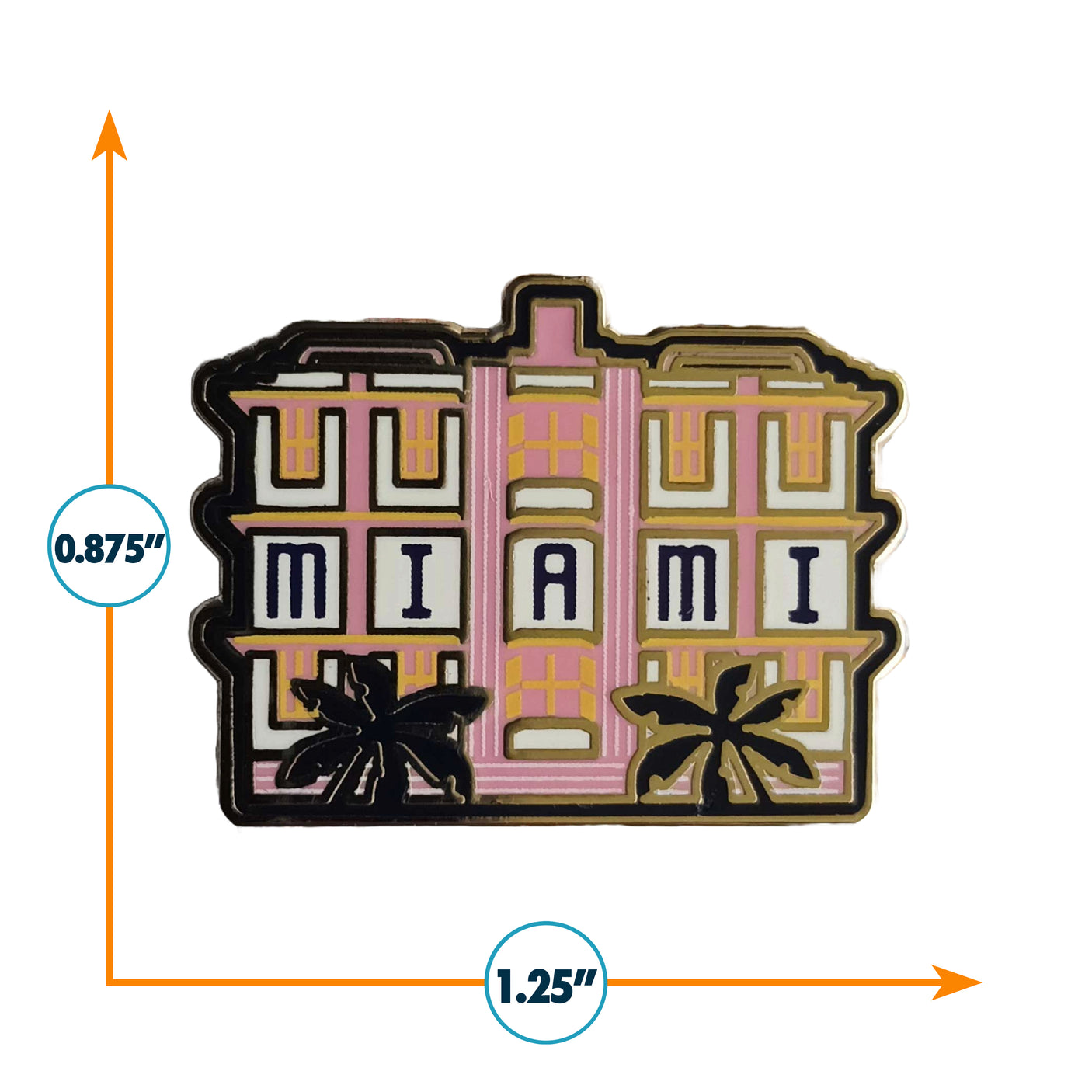 Miami Florida enamel pin featuring a pastel pink building design with the word "MIAMI" and palm trees.