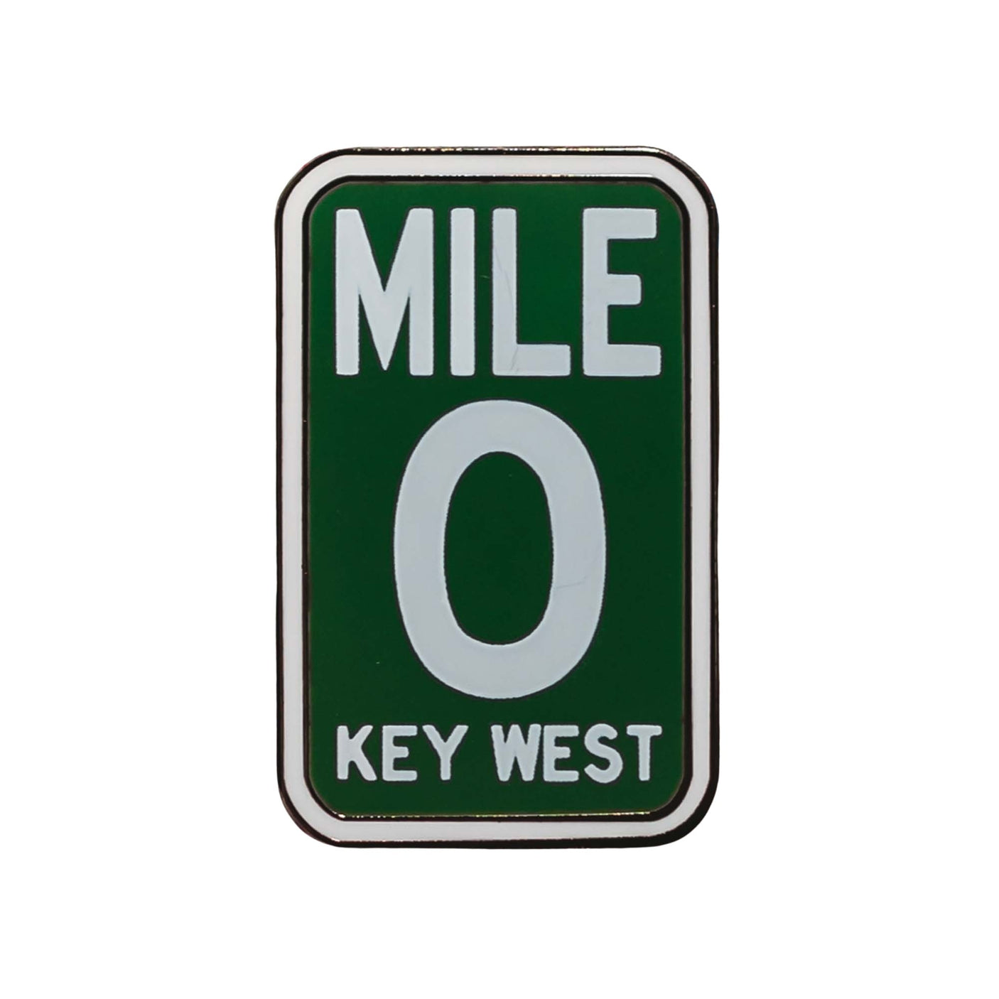 Key West Mile 0 enamel pin with a green background, white text, and a rectangular shape.