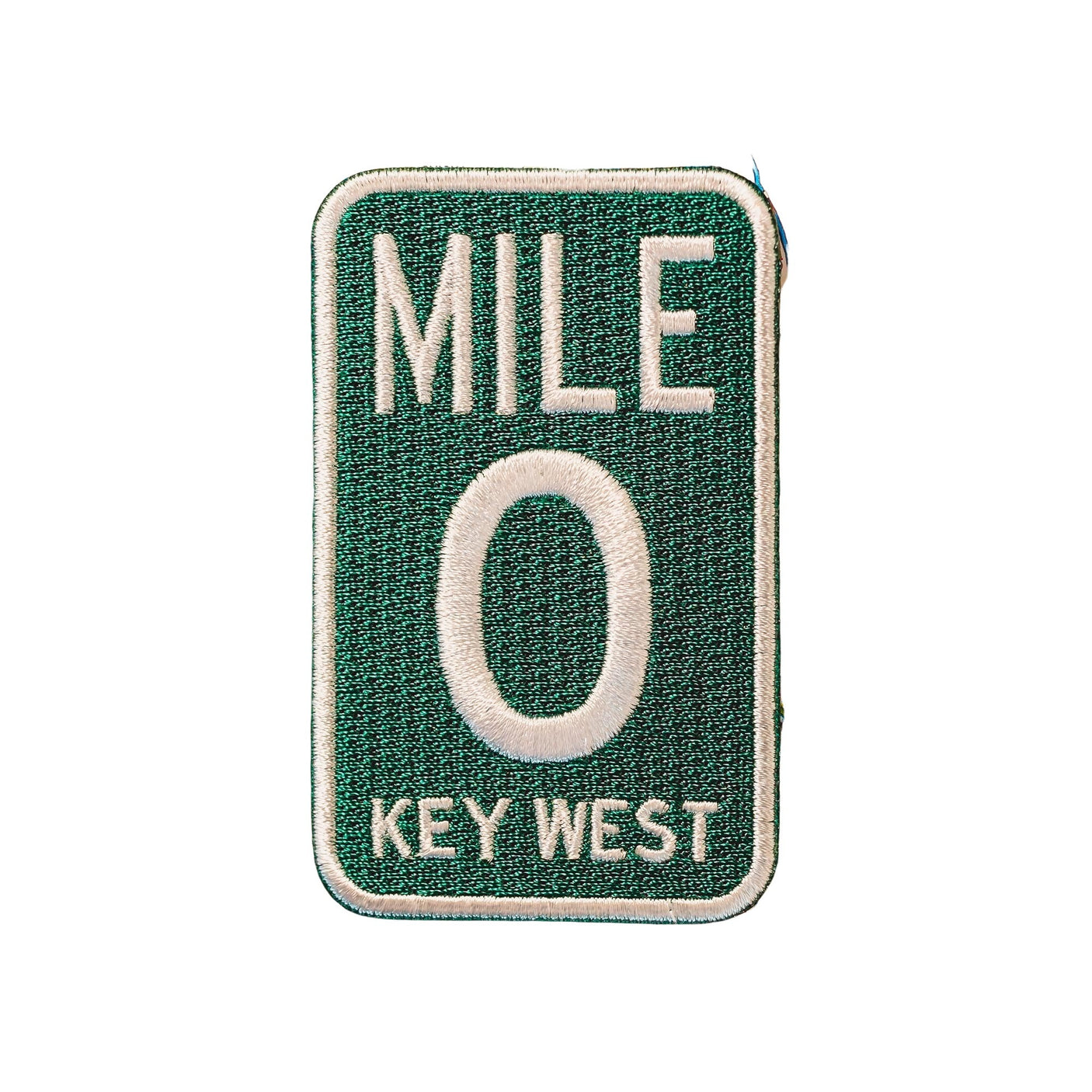 Key West Mile 0 patch featuring a green background with white text and border, rectangular shape.