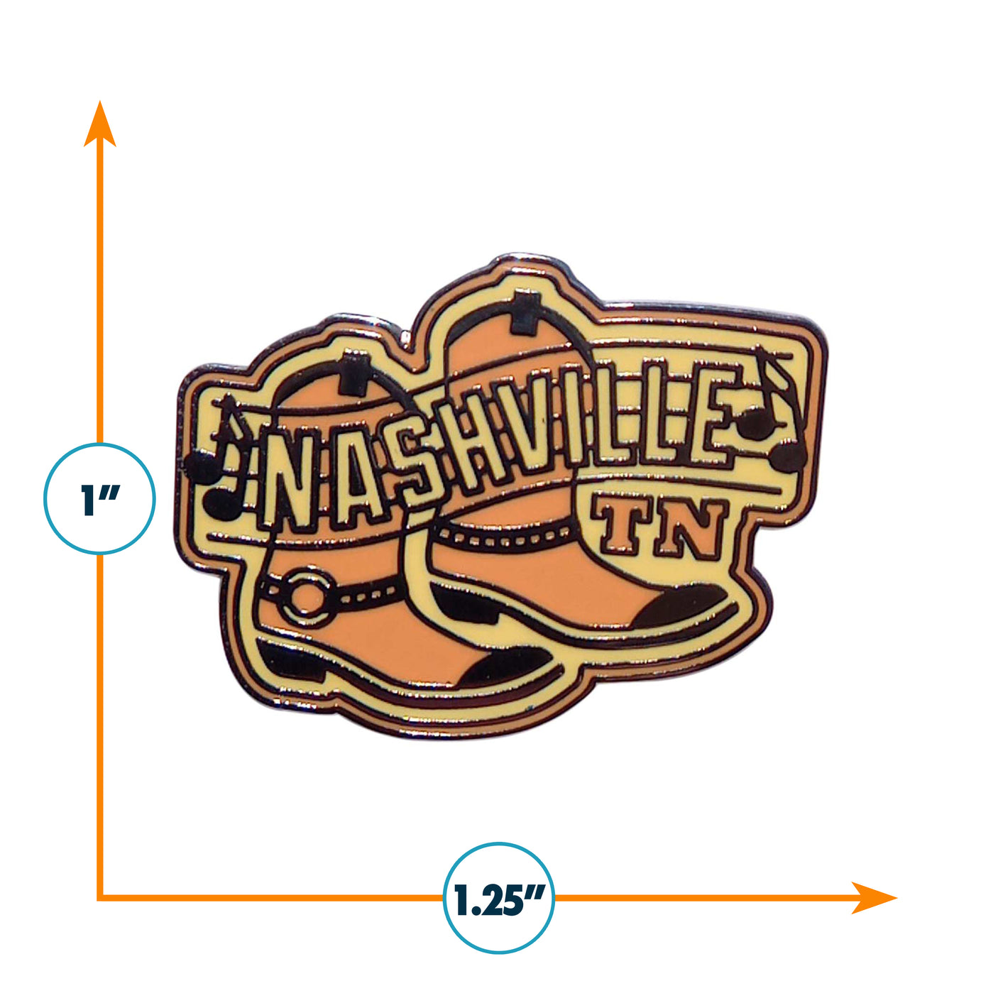 Nashville Tennessee enamel pin featuring orange cowboy boots and musical notes, measuring 1.25 inches by 1 inch.