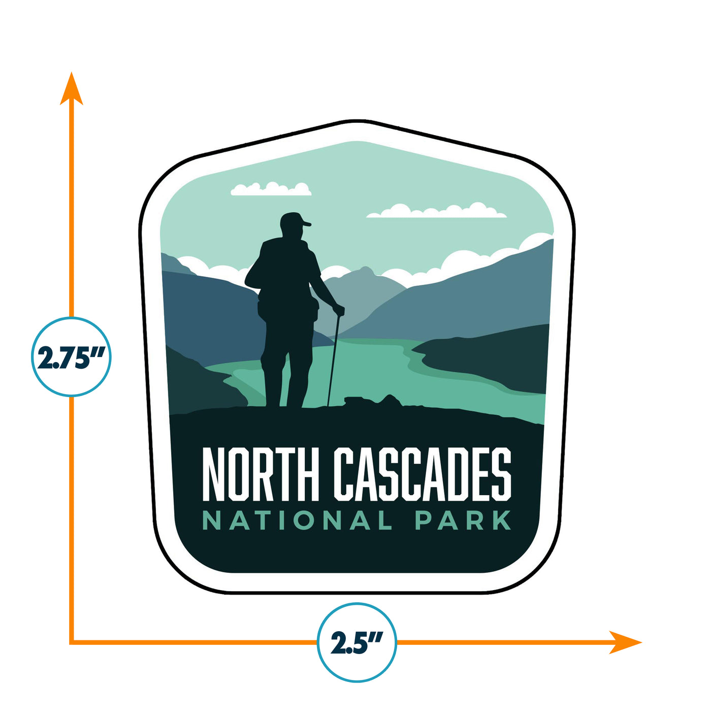 North Cascades National Park sticker featuring a silhouette of a hiker against mountains and a lake, measuring 2.5 inches.