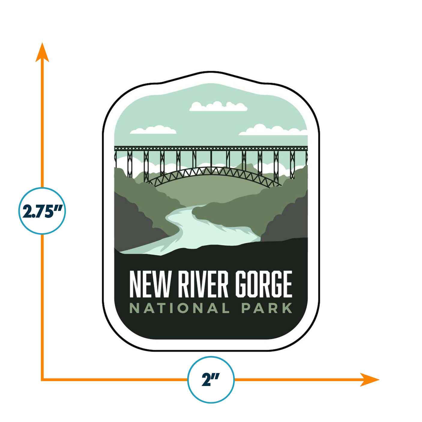 New River Gorge National Park sticker featuring a bridge over a river, with green and blue tones.