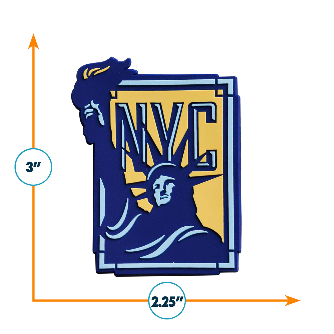 New York City PVC fridge magnet featuring the Statue of Liberty with blue and yellow colors, measuring 3 inches by 2.25 in...
