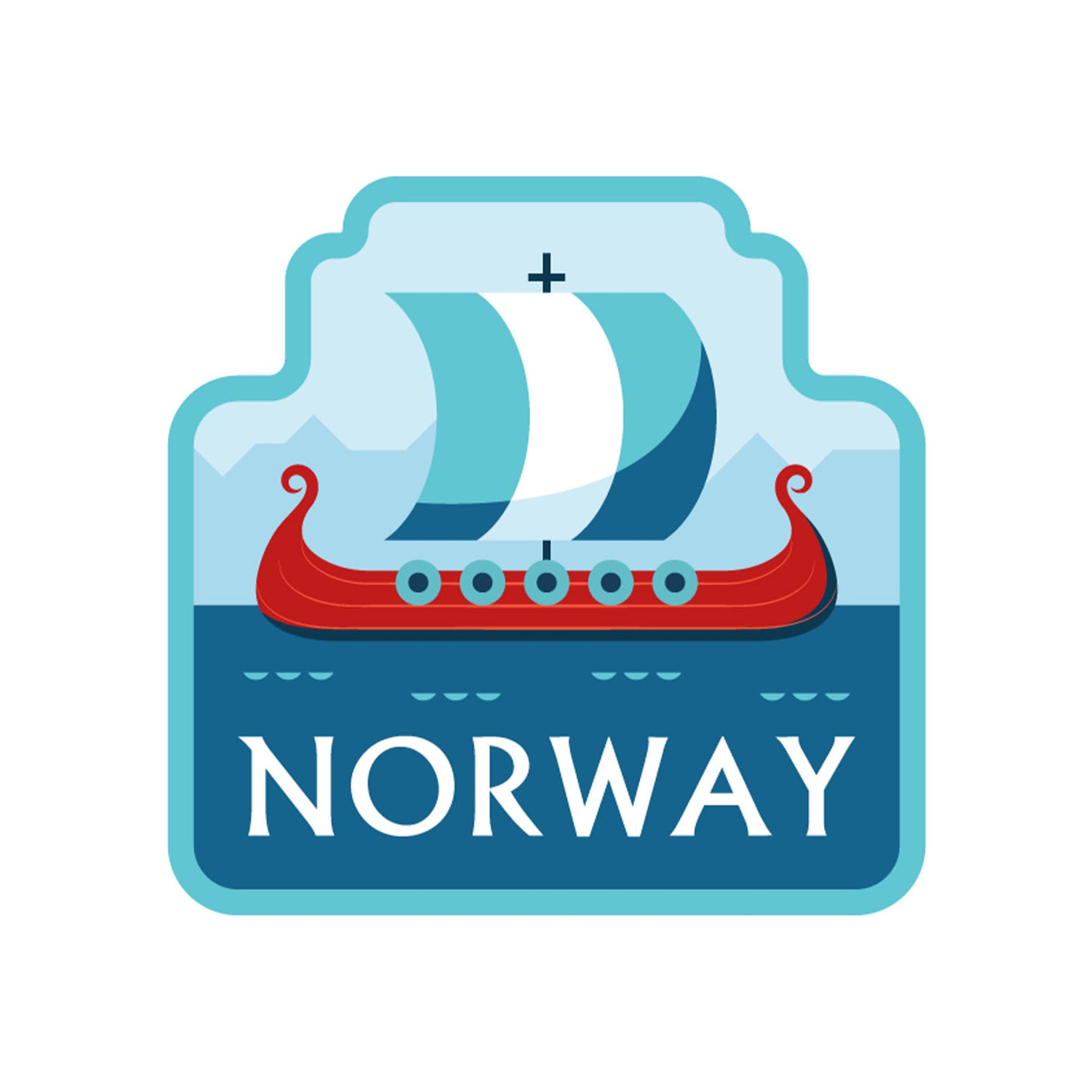 Norway sticker featuring a Viking ship on water with mountains in the background and the word "Norway" below.