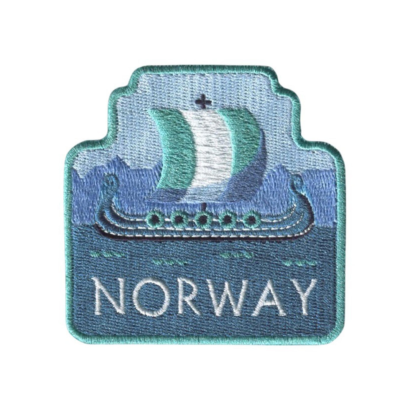 Norway patch featuring a Viking ship and mountains, with "NORWAY" text in white on a blue background.