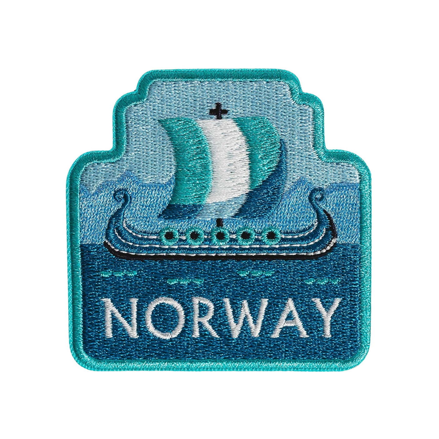 Norway patch featuring a Viking ship with teal and blue colors, embroidered text "NORWAY" at the bottom.