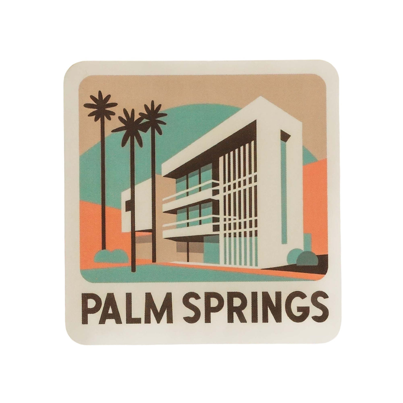 Palm Springs sticker featuring a modern building with palm trees and a colorful background.