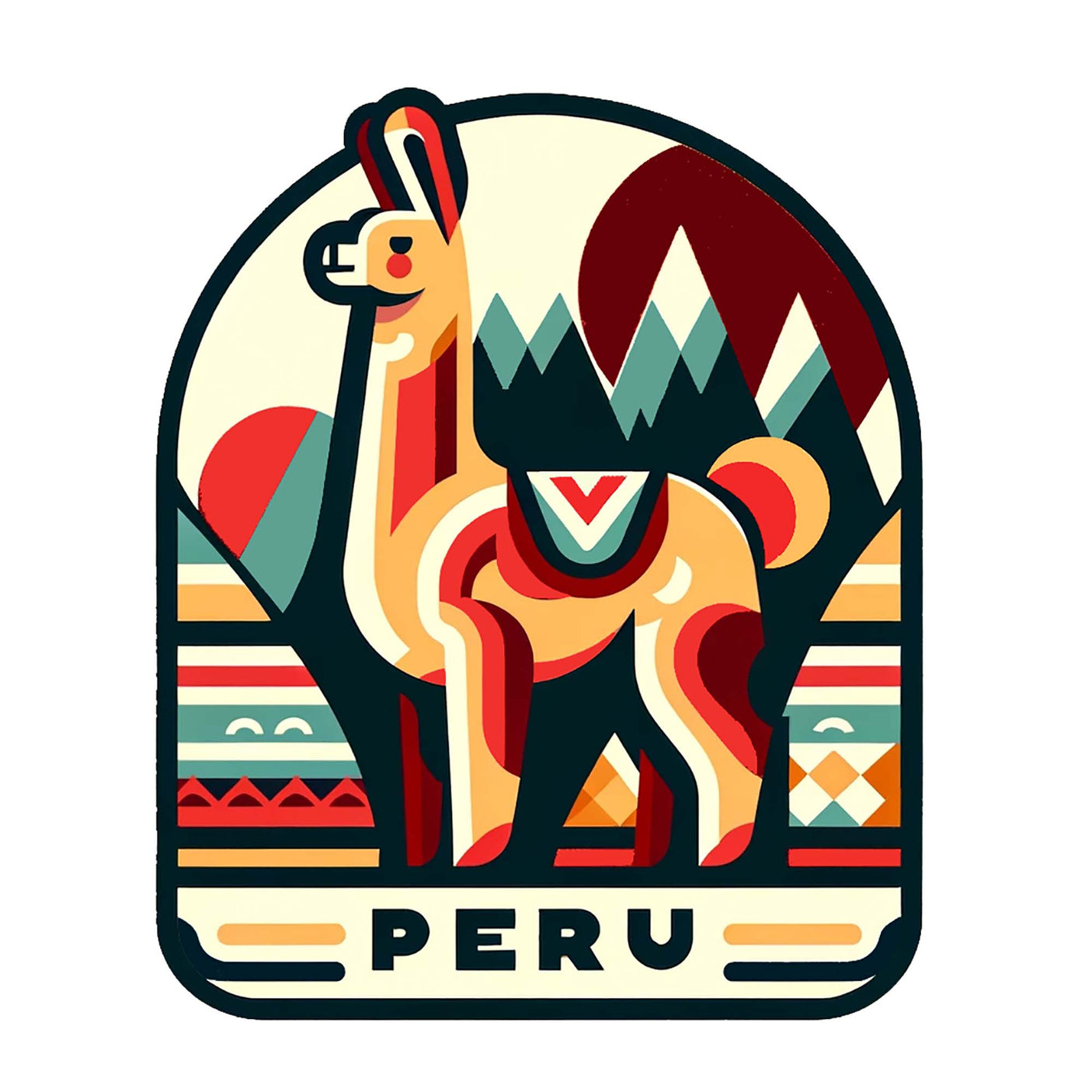 Colorful Peru patch featuring a stylized llama with mountains and geometric patterns in the background.