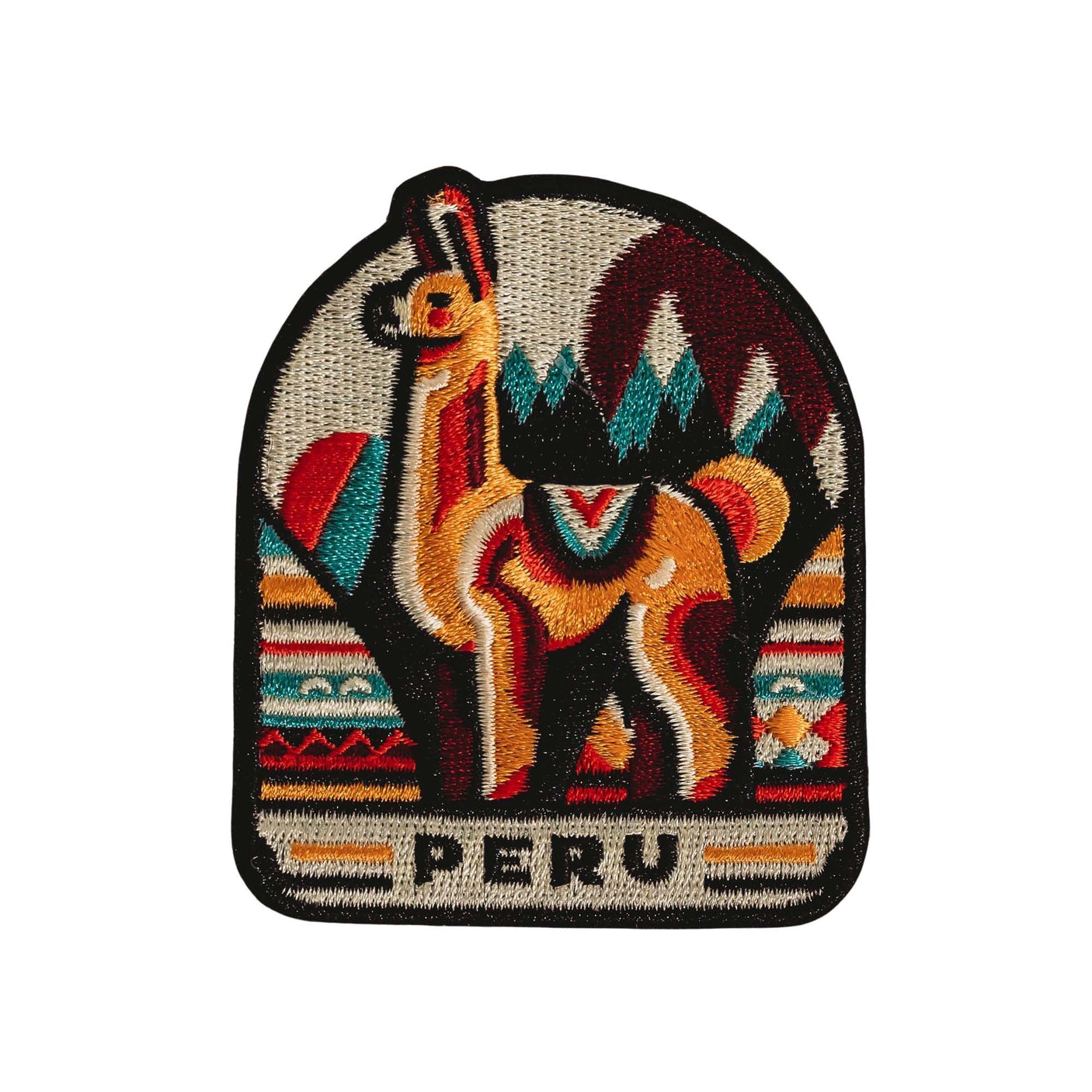 Colorful Peru patch featuring a llama with mountains and geometric patterns in the background.