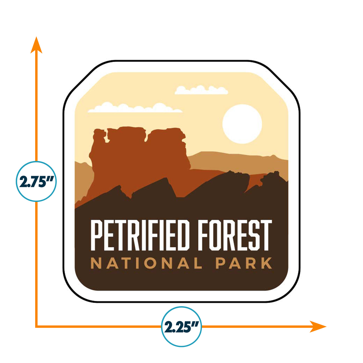 Petrified Forest National Park sticker featuring desert landscape, orange and brown hues, with a sun and rock formations.