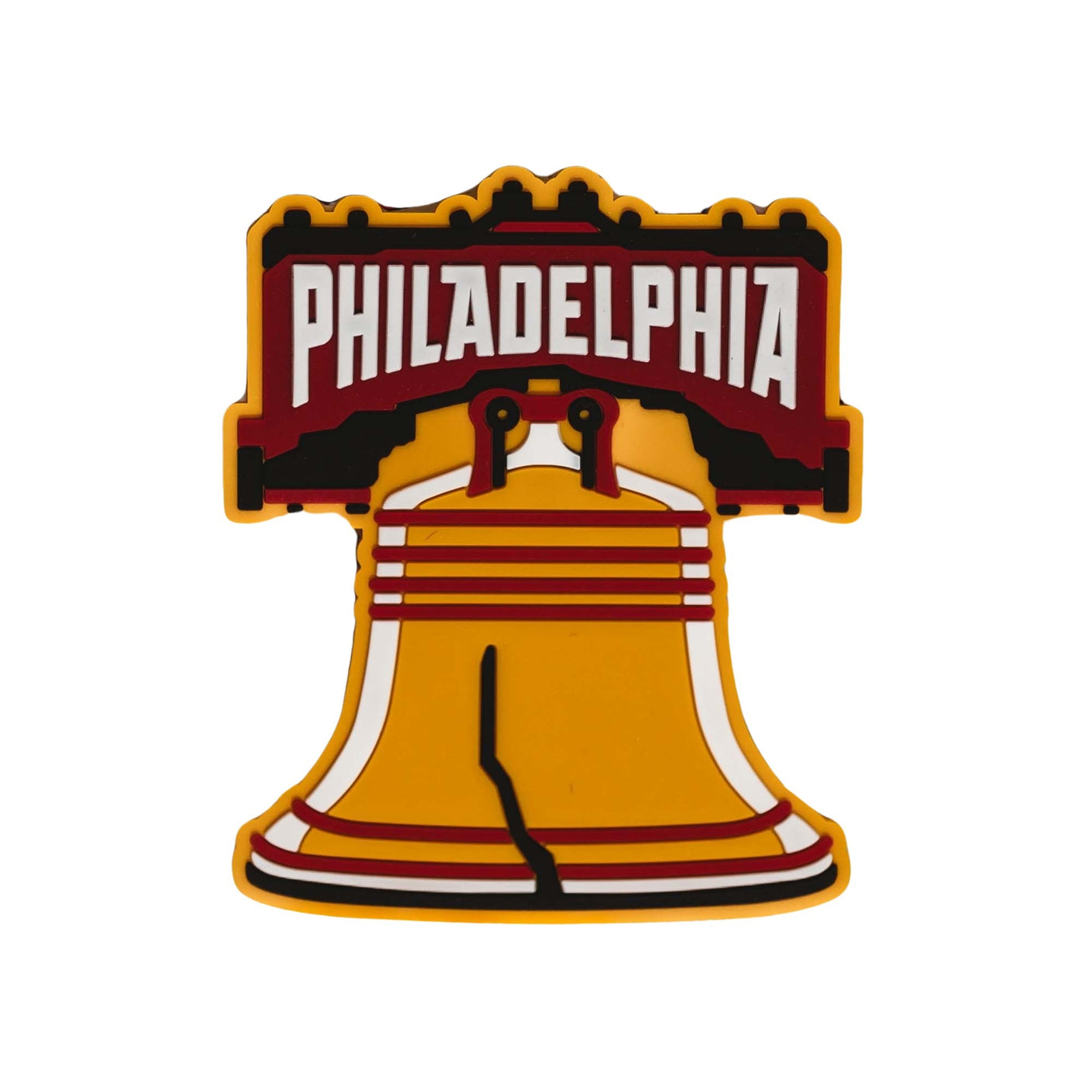 Philadelphia PVC fridge magnet featuring the Liberty Bell design with red and yellow colors.