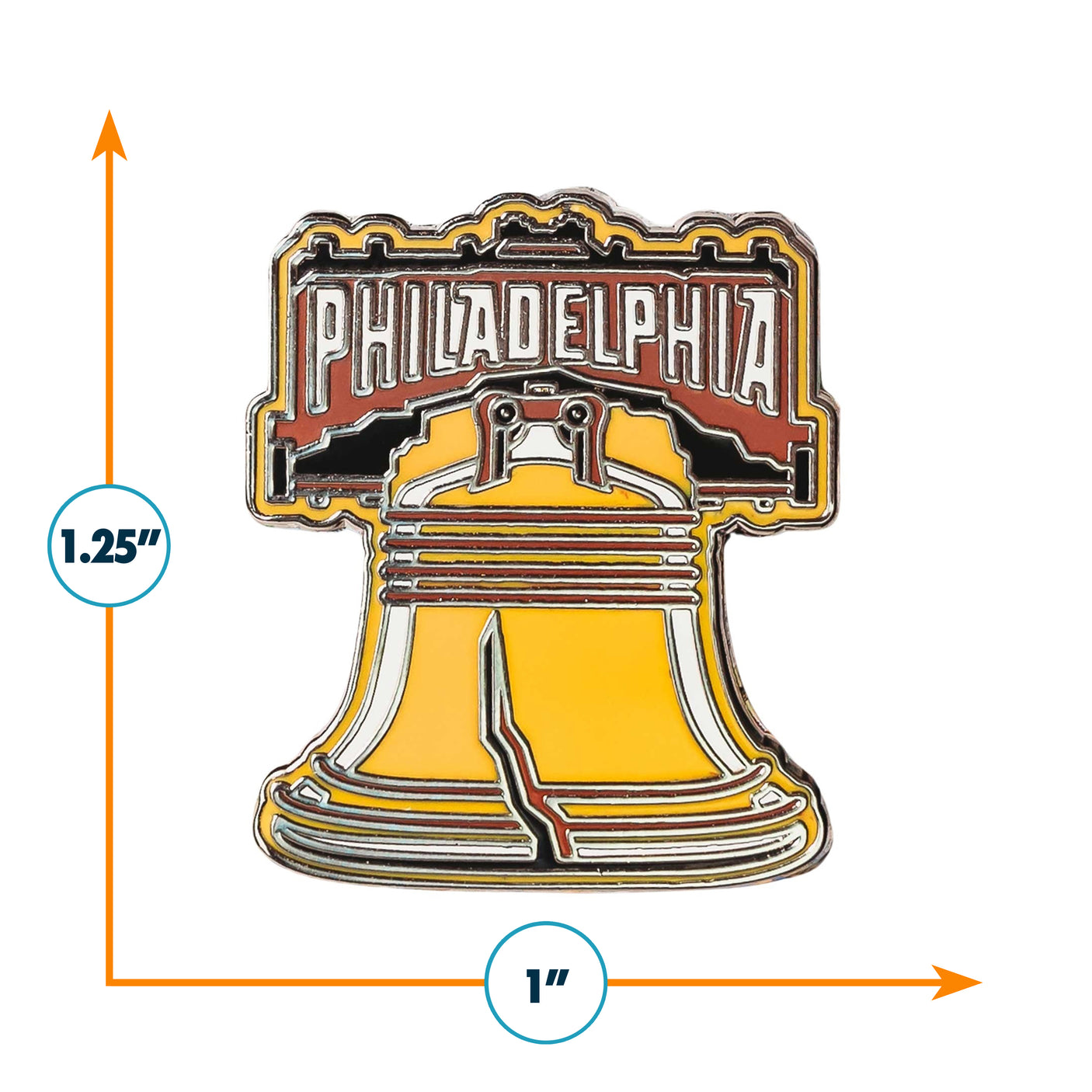 Philadelphia enamel pin featuring the Liberty Bell design in yellow and orange, measuring 1.25 inches tall and 1 inch wide.