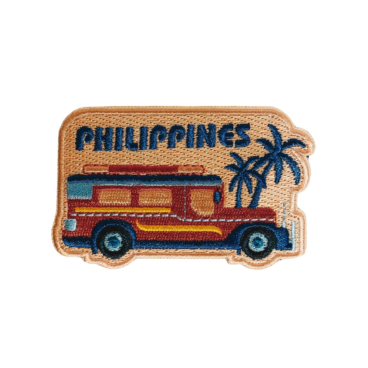 Philippines patch featuring a colorful jeepney and palm trees on a tan background.