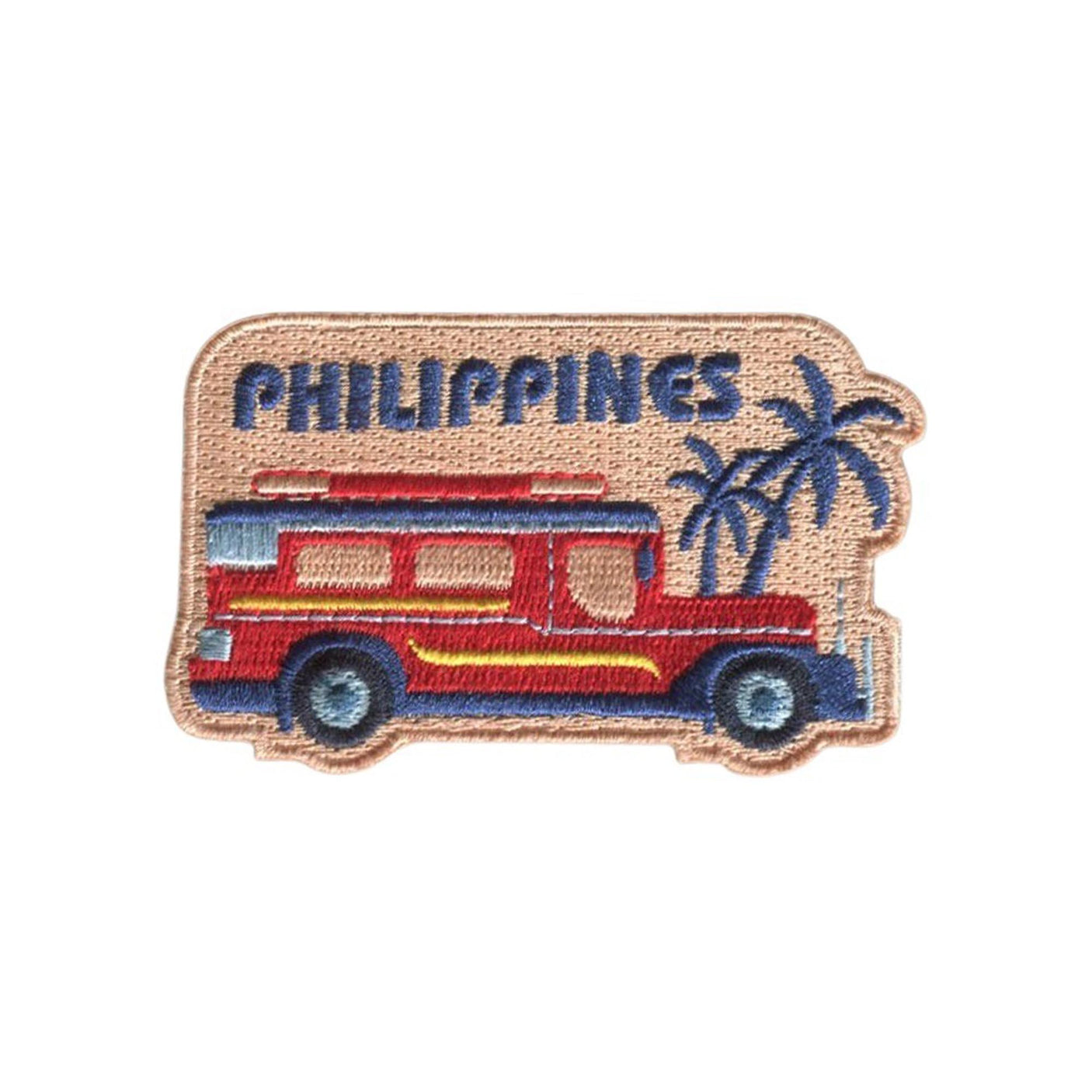 Philippines patch featuring a red jeepney and palm trees on a beige background.