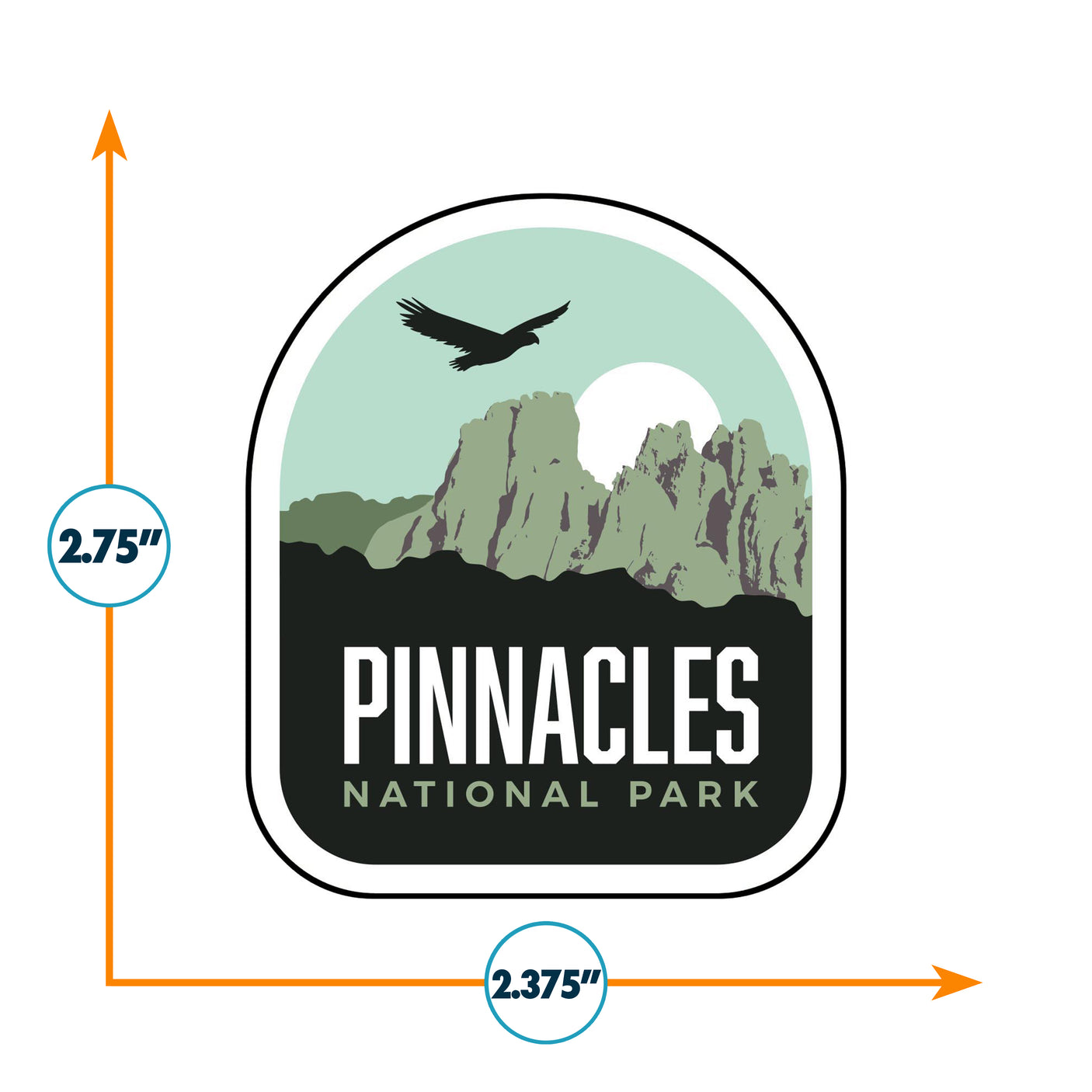 Pinnacles National Park sticker featuring mountains, an eagle silhouette, and a green and black color scheme.