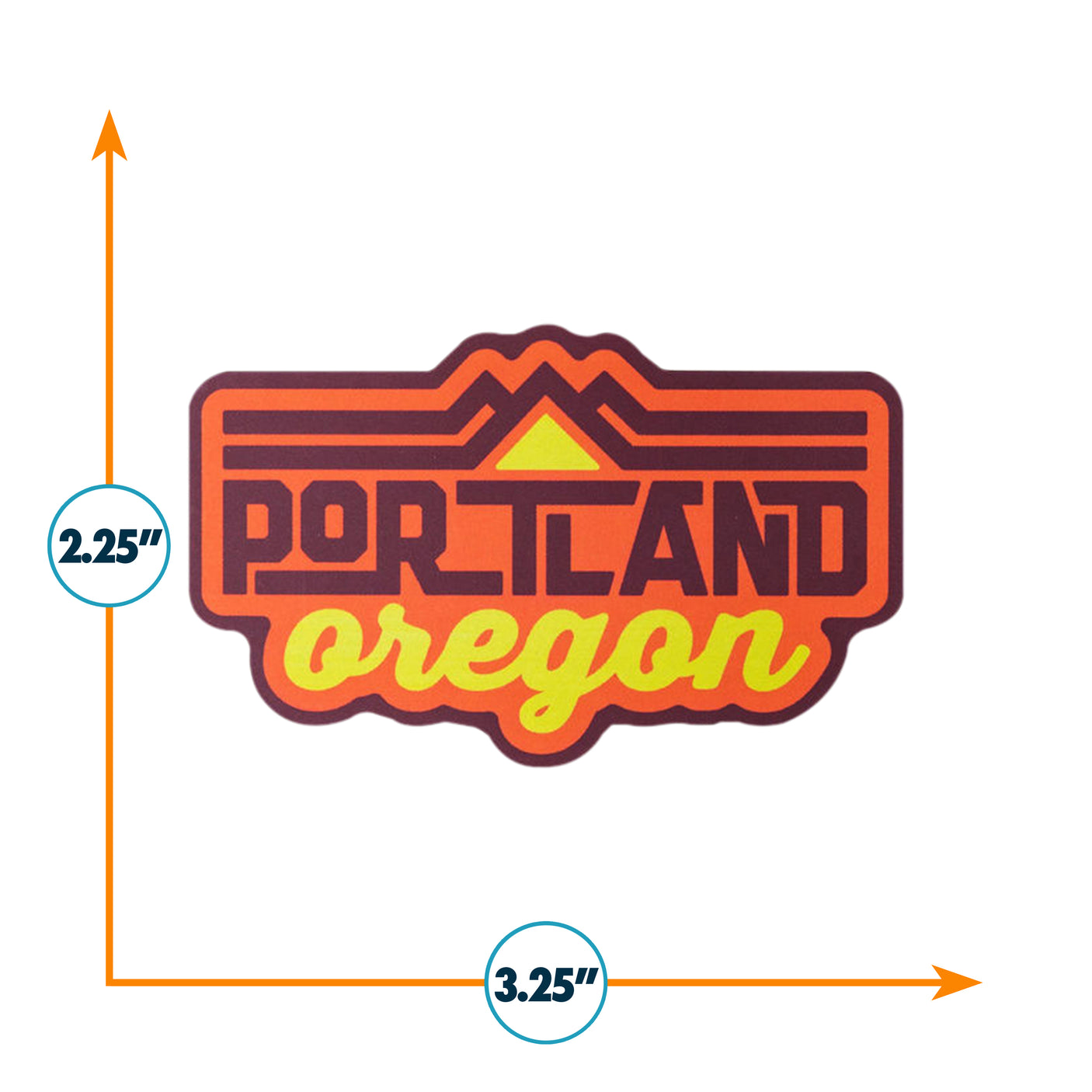 Portland Oregon sticker featuring bold orange and yellow text with mountain graphics, measuring 3.25 by 2.25 inches.