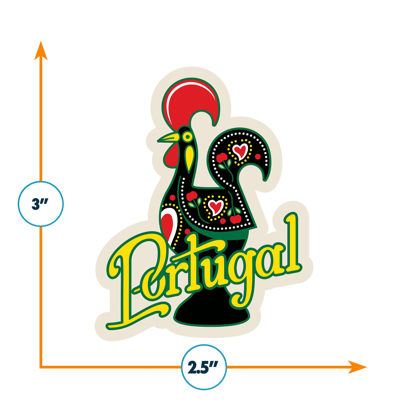 Portugal sticker featuring a colorful rooster design with hearts, measuring 3 inches tall and 2.5 inches wide.