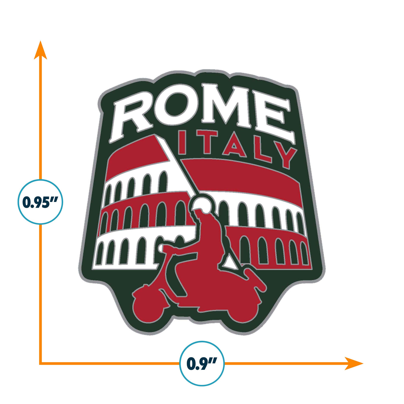 Rome Italy enamel pin featuring a scooter and the Colosseum, with red and green colors.