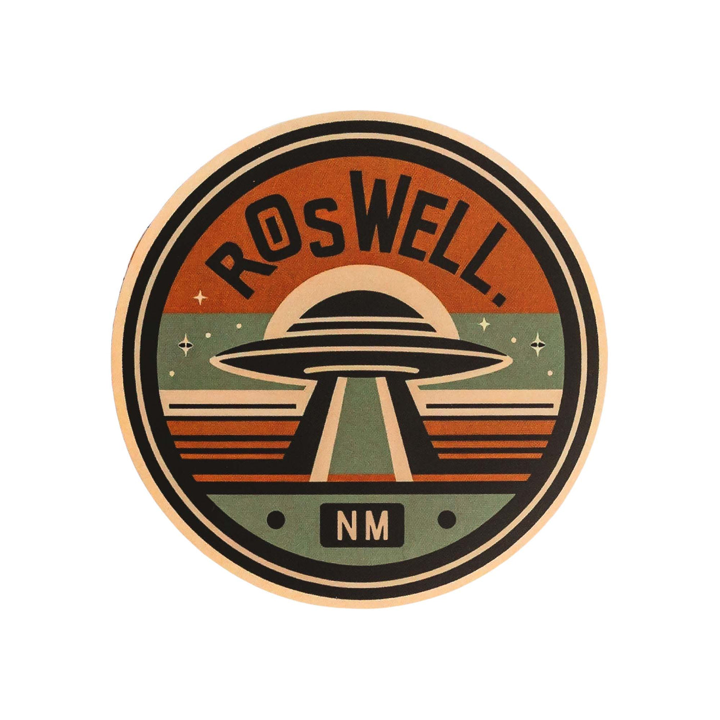 Roswell, NM sticker featuring a UFO design with orange, green, and black colors in a circular shape.