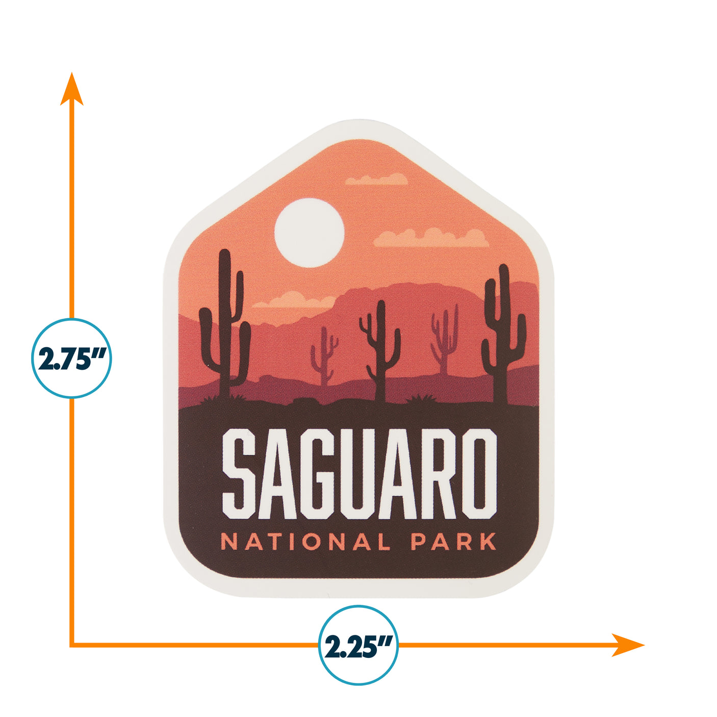 Saguaro National Park sticker featuring cacti and a sunset background, measuring 2.75 inches by 2.25 inches.