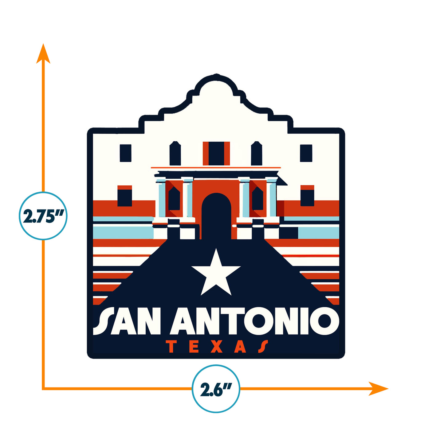 San Antonio sticker featuring a stylized Alamo design with red, white, and blue colors, measuring 2.75 by 2.6 inches.