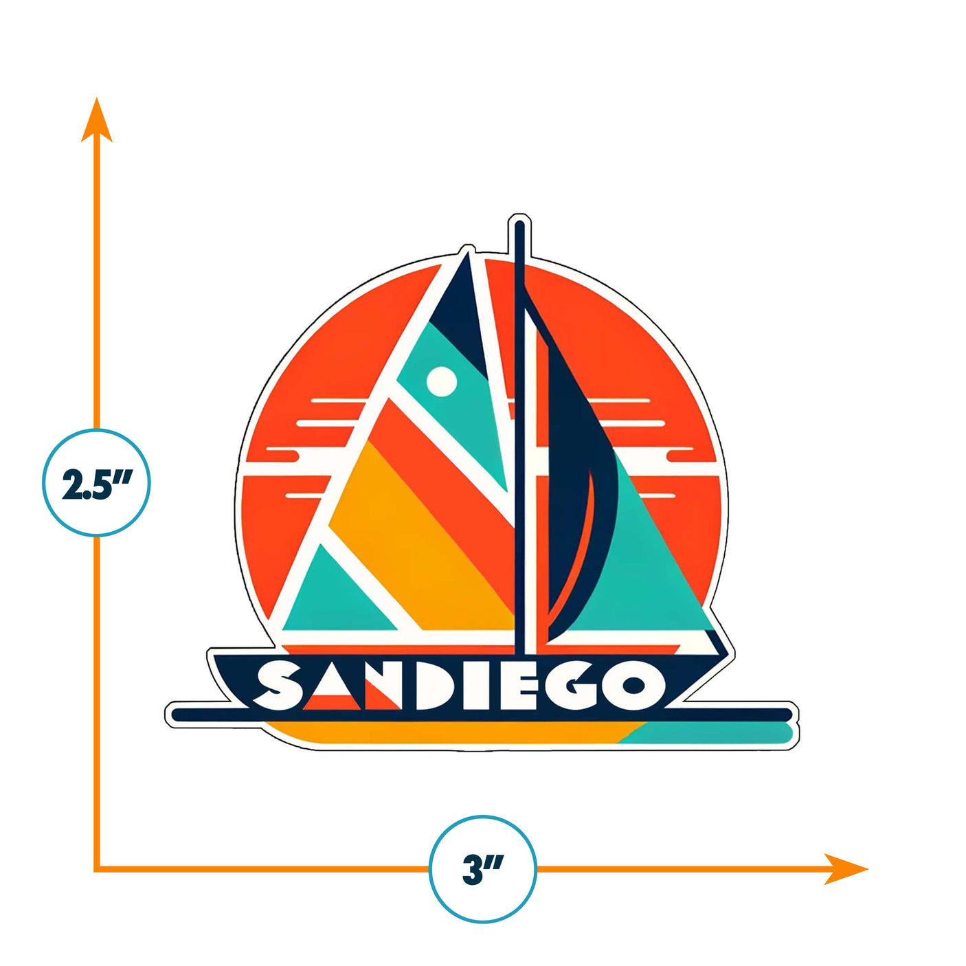 San Diego sticker featuring a colorful sailboat design with orange, blue, and yellow elements, measuring 3 by 2.5 inches.